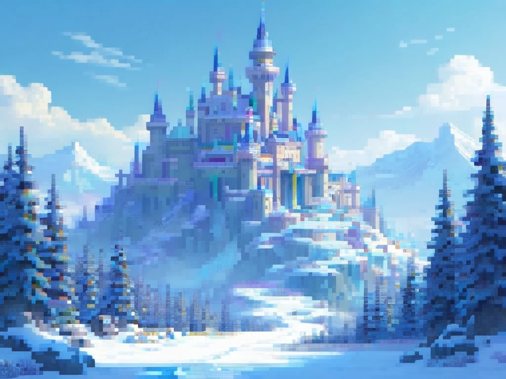 Pixel art,masterpiece、 best quality、 Max Image、 beautiful pixel art、Frozen Snow Road 、A beautiful rendering of the Ice Kingdom , Frozen Castle Background, Beautiful Frozen castle, Pale Ice Castle 、Fantasy Castle, Ice Castle、high Fantasy Castle,  epic castle with tall spires ,  winter concept art , Magic Castle, Fantasy Highly detailed, Fantasy fairy tale, Kingdom of Light Background, Winter Landscape Fantasy,   beautiful rendering of a fairy tale  , Fairytale style background, Futuristic castle,  High Definition Fantasy Art 