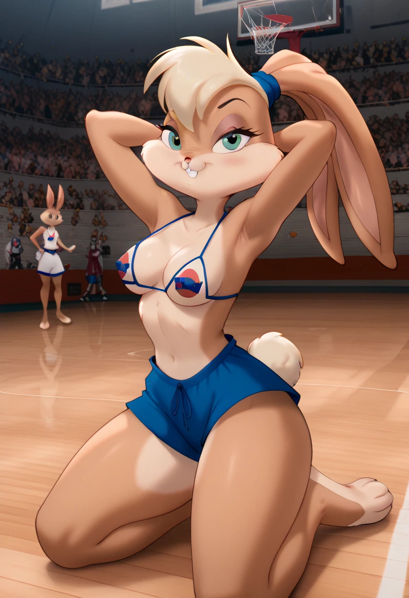   Lola Bunny (Space Jam ), (brown fur), (  )   anthropomorphic, furry, rabbit, female rabbit , cara de rabbit, furry body,  ((  wear a tiny pink bikini ),   thick thighs  , ,furry art, (  perfect body),   balanced coloring  ,   perfect lighting  , cowboy shot,   full body  , sexy and shaped body , kneeling, Hands behind your head ,sexy,sexy