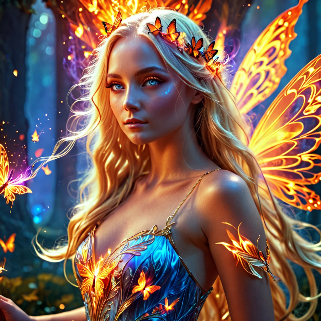 a beautiful blonde woman with long hair, a fire fairy with butterfly wings, detailed face and eyes, elegant flowing dress, ethereal glowing aura, dramatic lighting, vibrant colors, fantasy landscape background, dramatic cinematic lighting, highly detailed, masterpiece, 8k, photorealistic