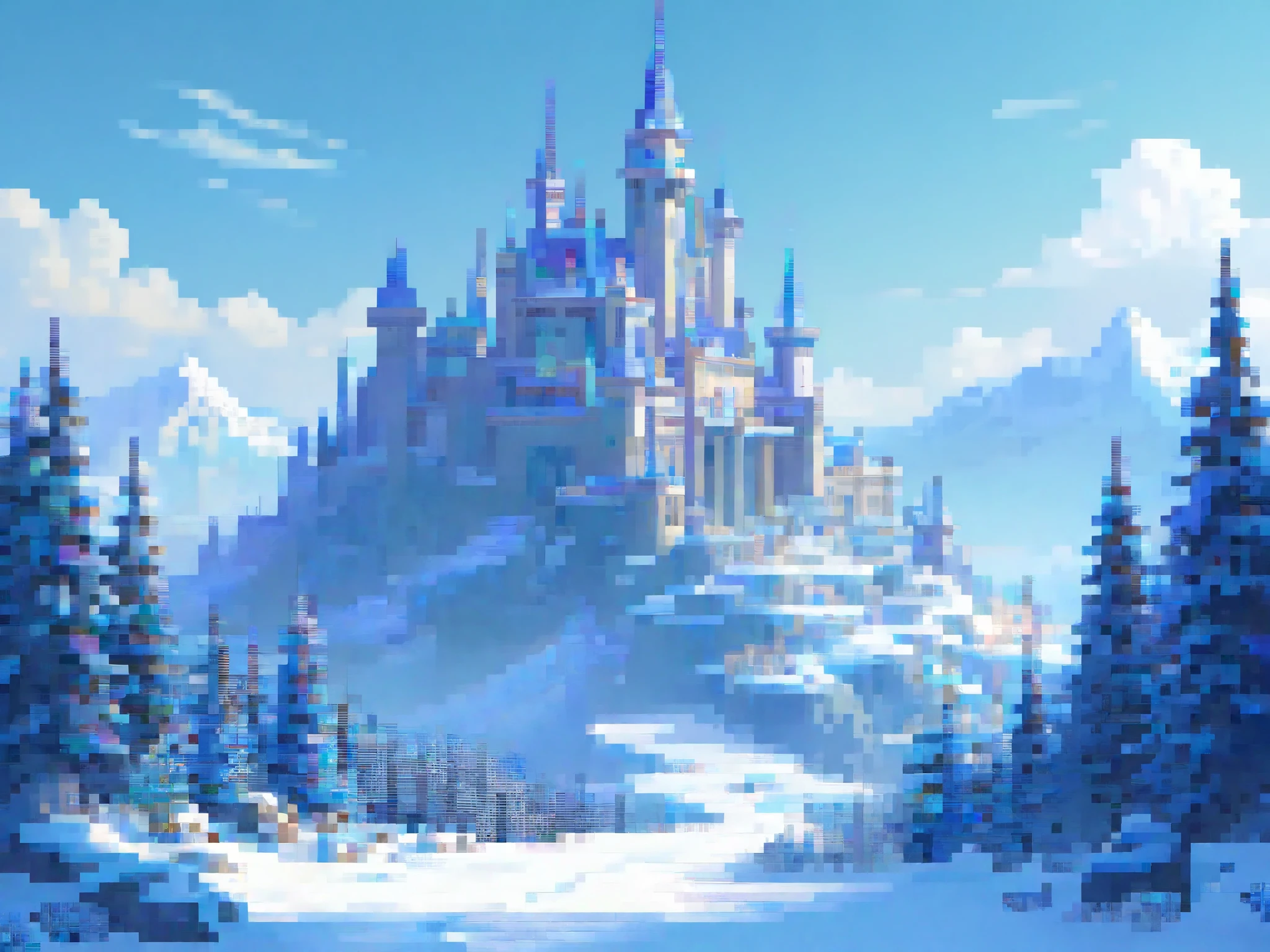 Pixel art,masterpiece、 best quality、 Max Image、 beautiful pixel art、Frozen Snow Road 、A beautiful rendering of the Ice Kingdom , Frozen Castle Background, Beautiful Frozen castle, Pale Ice Castle 、Fantasy Castle, Ice Castle、high Fantasy Castle,  epic castle with tall spires ,  winter concept art , Magic Castle, Fantasy Highly detailed, Fantasy fairy tale, Kingdom of Light Background, Winter Landscape Fantasy,   beautiful rendering of a fairy tale  , Fairytale style background, Futuristic castle,  High Definition Fantasy Art 