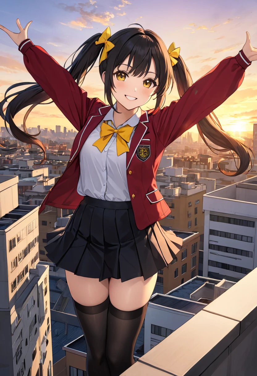 sks moesharp, anime, waifu, realistic, masterpiece, best quality, (((Haruhi Suzumiya))) wearing a yellow headband with a yellow ribbon on both side and a red bikini, [[angry]] smile, looking at viewer, official art, dark brown hair, beautiful symmetric face, beautiful golden eyes, bob cut, messy hair, at a modern business office on a spring day, cityscape from the window, alone, solo, 8k, 3d, cg