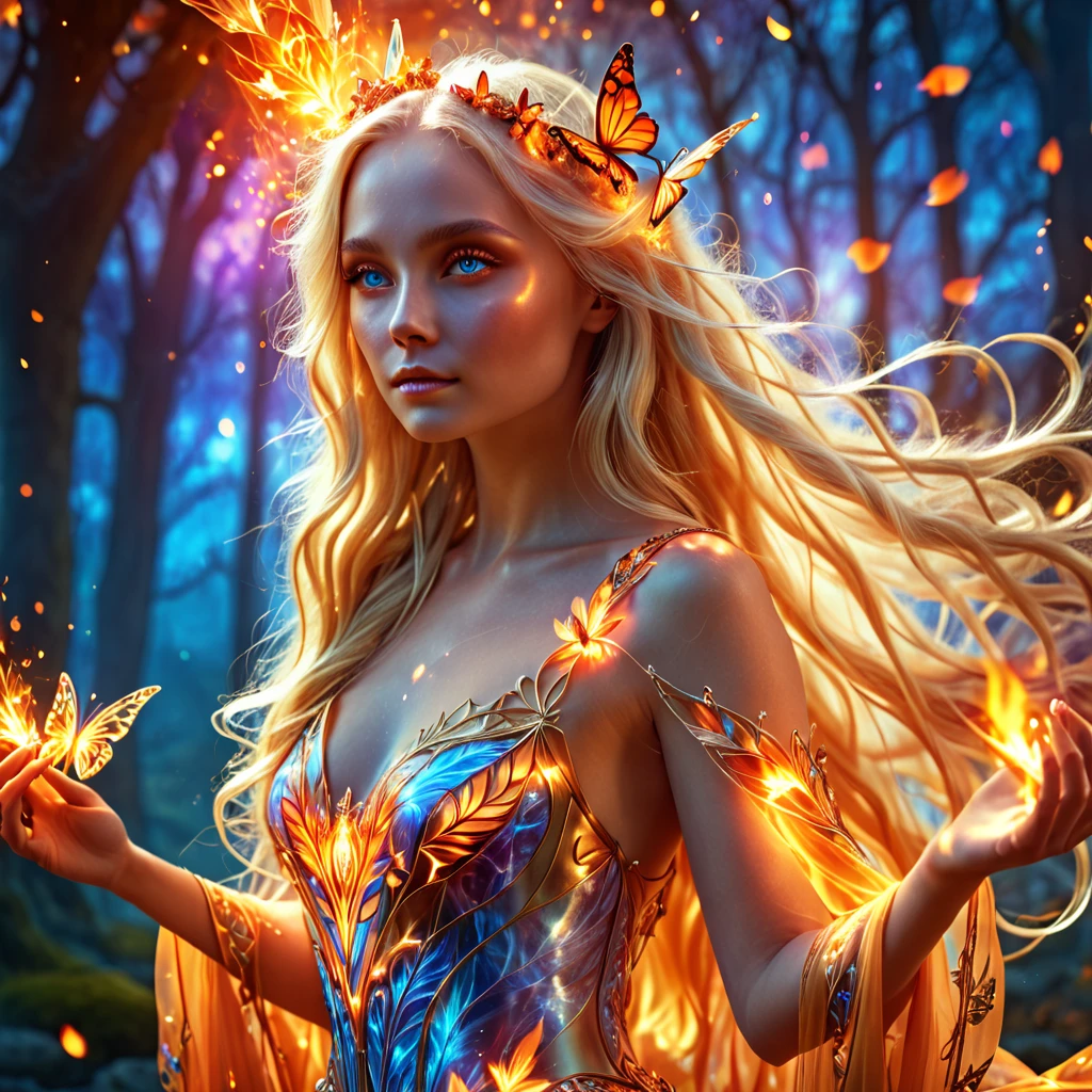 a beautiful blonde woman with long hair, a fire fairy with butterfly wings, detailed face and eyes, elegant flowing dress, ethereal glowing aura, dramatic lighting, vibrant colors, fantasy landscape background, dramatic cinematic lighting, highly detailed, masterpiece, 8k, photorealistic