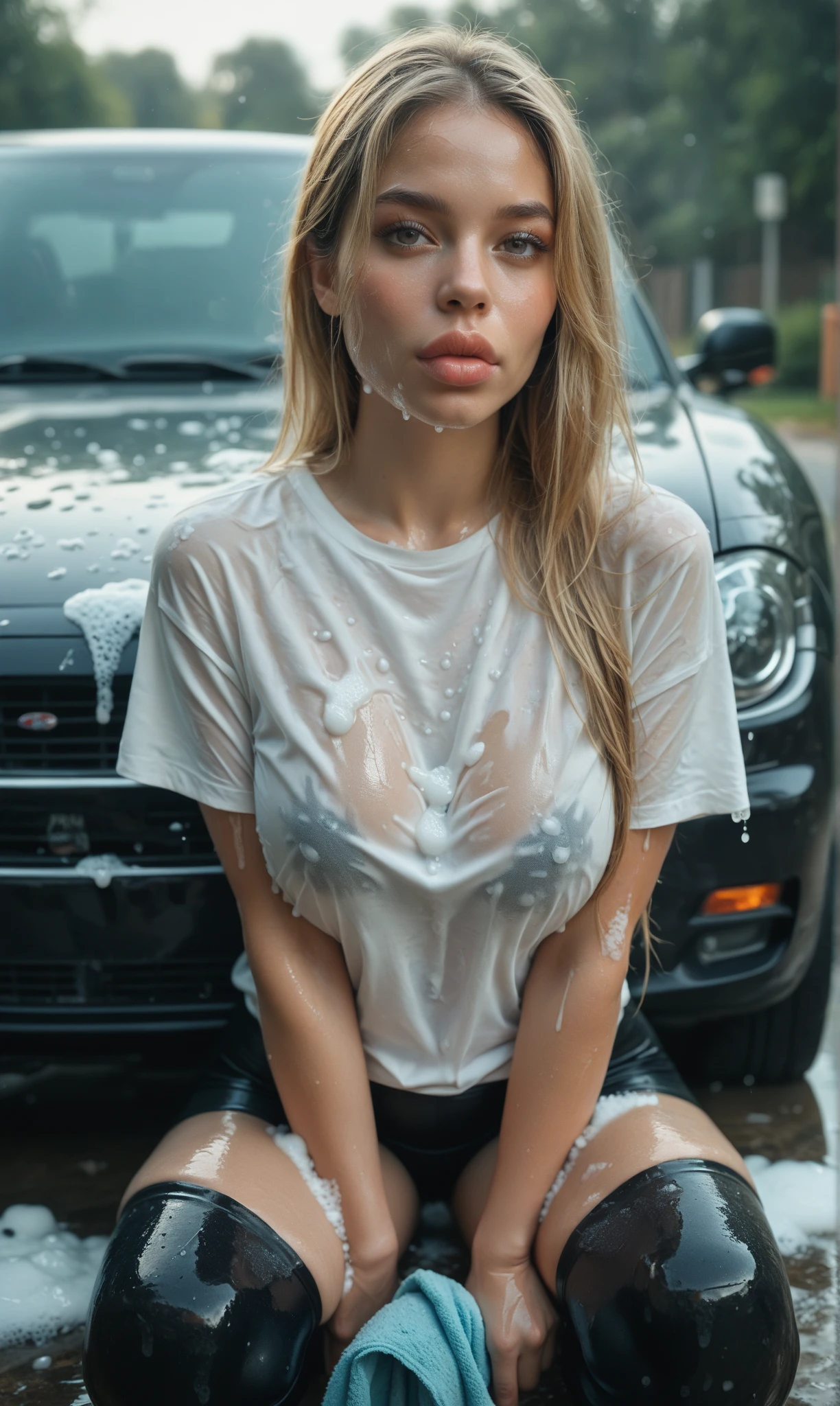 (knee-length photo), blonde, big lips, huge lips, slim, big breasts, thick thighs, white wet T-shirt, black leggings, wet, posing, looking at viewer, car wash, lots of foam, depth of field, rim light, erotic theme