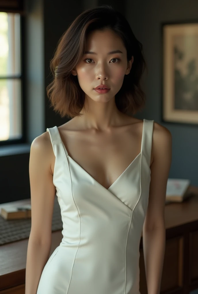 beautiful girl, 45 years old，Thin face, Beautiful and sharp eyes., short hair, Model face, Beautiful makeup, Beautiful long straight hair, 18 years old, Wear a white shirt that shows off your chest., Large Breasts, D cup,White skin, อยู่ในทุ่งflower, flower, Very high detail, 8K, Realistic lighting, portrait, Standing，Upper Body