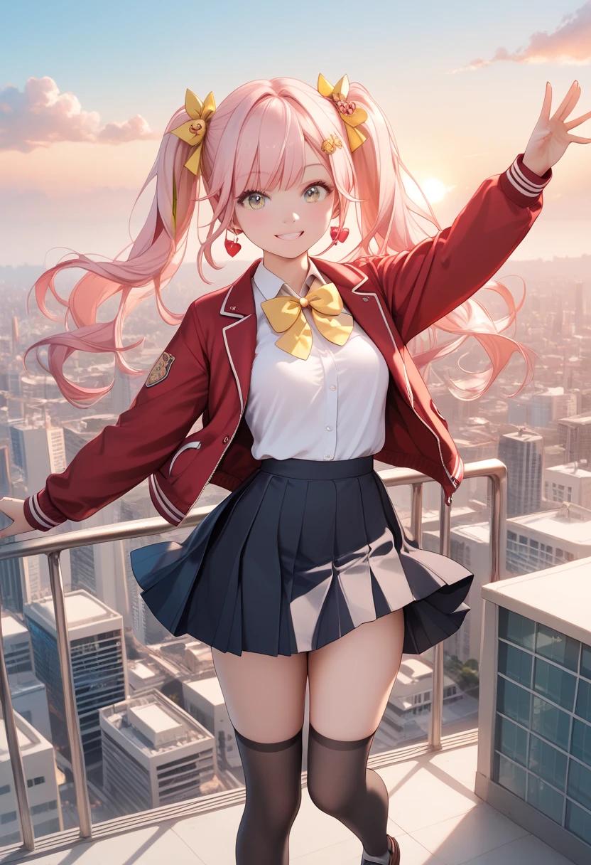 masterpiece, best quality, highres, aawendy, long hair, twintails, hair ornament, school uniform, yellow bow, red jacket, long sleeves, black skirt, black thighhighs, rooftop, sunset, outstretched arms, smile, city, cowboy shot