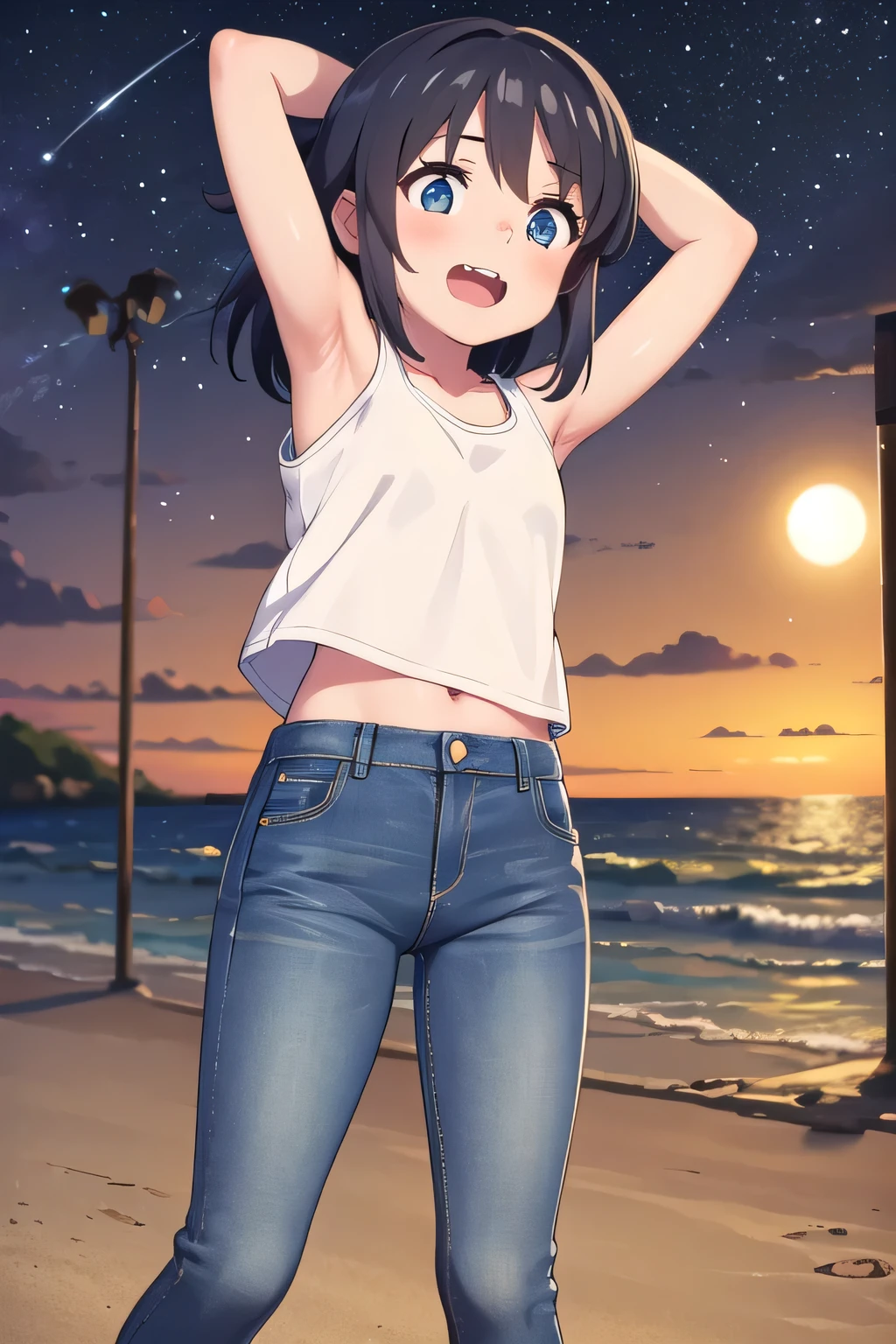 masterpiece,best quality,ultra detail,1girl, 14yo,petite,Laugh happily,background((under the beach, moonset time, under sand beach, starry sky)), Miyamizu Mitsuha,Raise your arms and bring them behind your head,White teeth, White tank Tops, half undressed, jeans, blue pants, (flares jeans 1:1), blue jeans, standing sexual pose, (legs spread:3:1), orgasm,