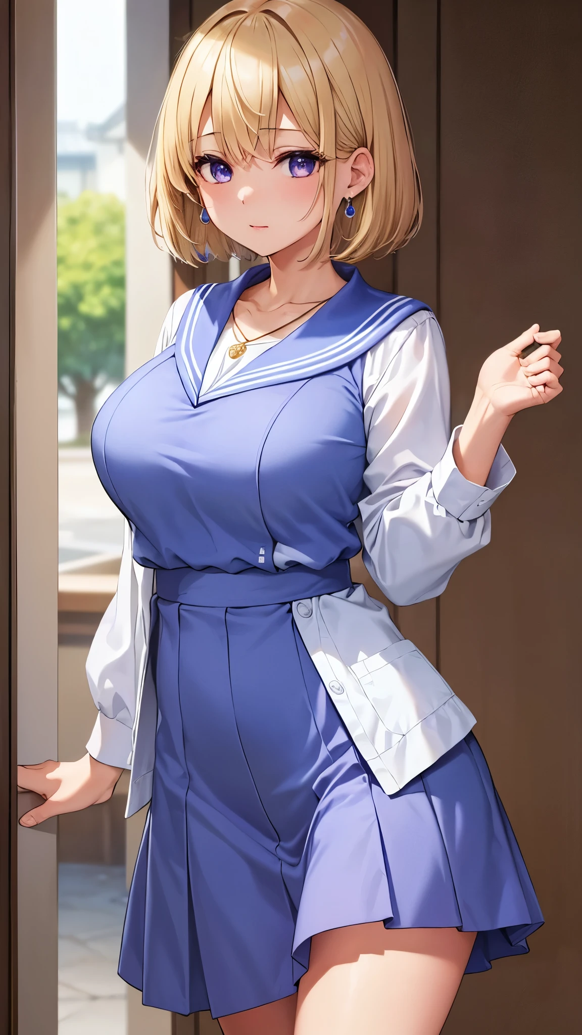 Umino Yuki 、 masterpiece ,  best quality、  best quality,(8k resolution),Beauty、(  looks like an adult), （  Sexy Perfect Style  ）、( Big Breasts )、  blonde bob cut、(White and blue sailor suit)、(  blue skirt)、(( Bring your chest closer ))、  purple eyes、 purple earrings 、Purple Necklace