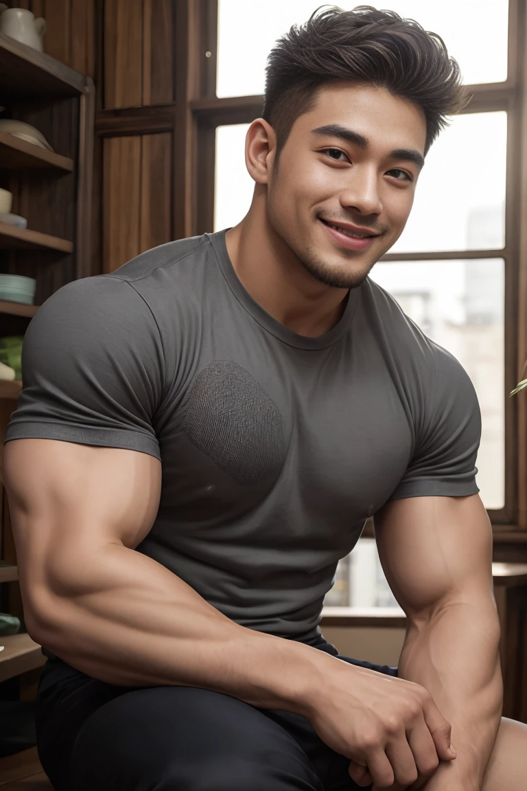 ((Highest quality, 8K, Masterpiece: 1.3))、Cool Thai man, 1A man who has、 yo、Good appearance、Beautiful nose、smile、 Detailed eyes and face、beautiful light、(studio)、high resolution、(Look at the viewer.)、Fine mouth、smile、whole body: 1.5, perfect shape: 1.3, Picture of both shoulders:1.3, Gray round neck t-shirt:1.5