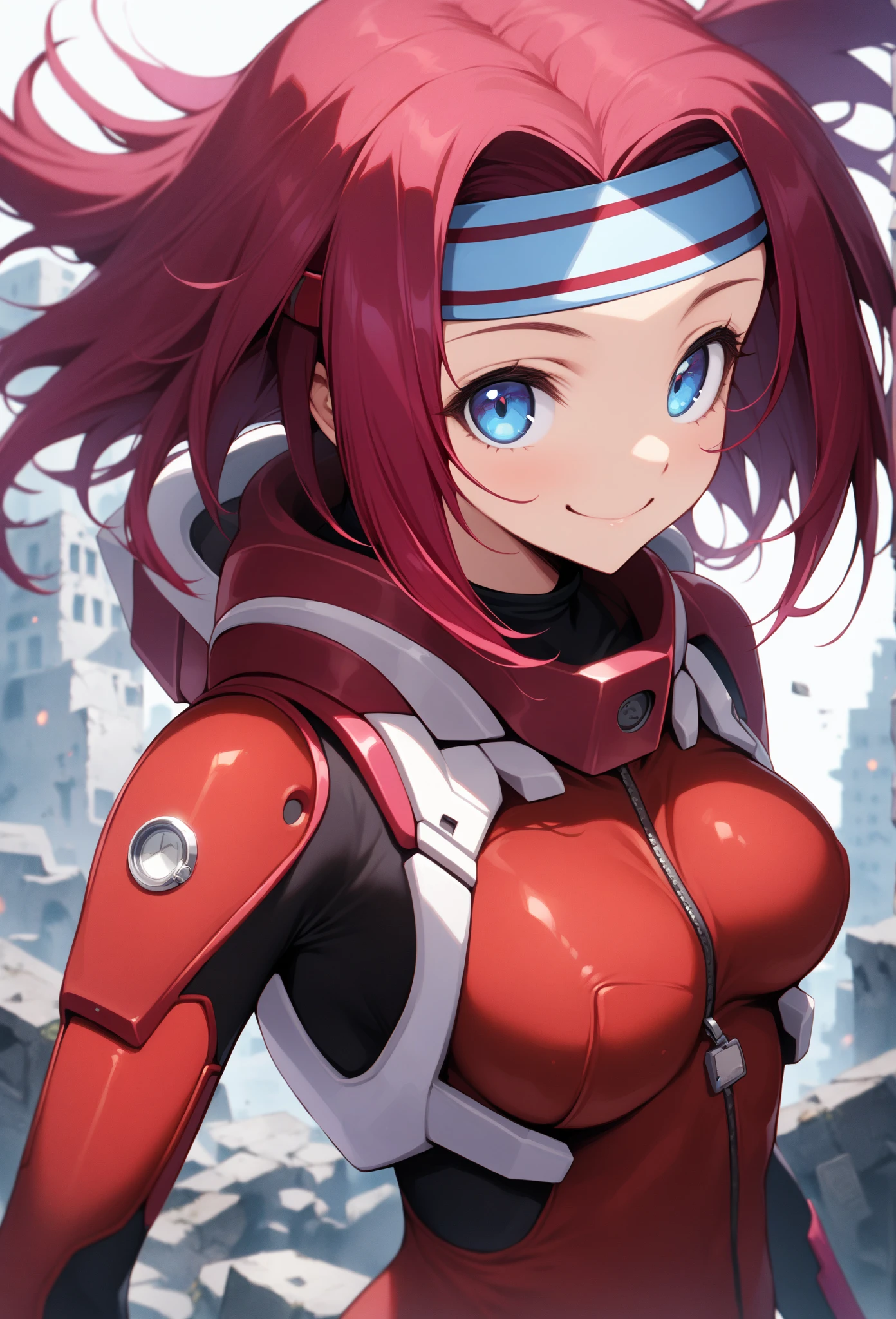   Masterpiece ,  best quality,  very aesthetic,  absurd,
 1 girl , kouzuki kallen, Red Hair,  shorthair,  blue eyes,
 flip hair ,  headband ,
 Bodysuit ,  pilot suit in the ruins of the city, red  Bodysuit ,
 upper body, smile, Alone,  watch viewers,  simple background,  white background , 