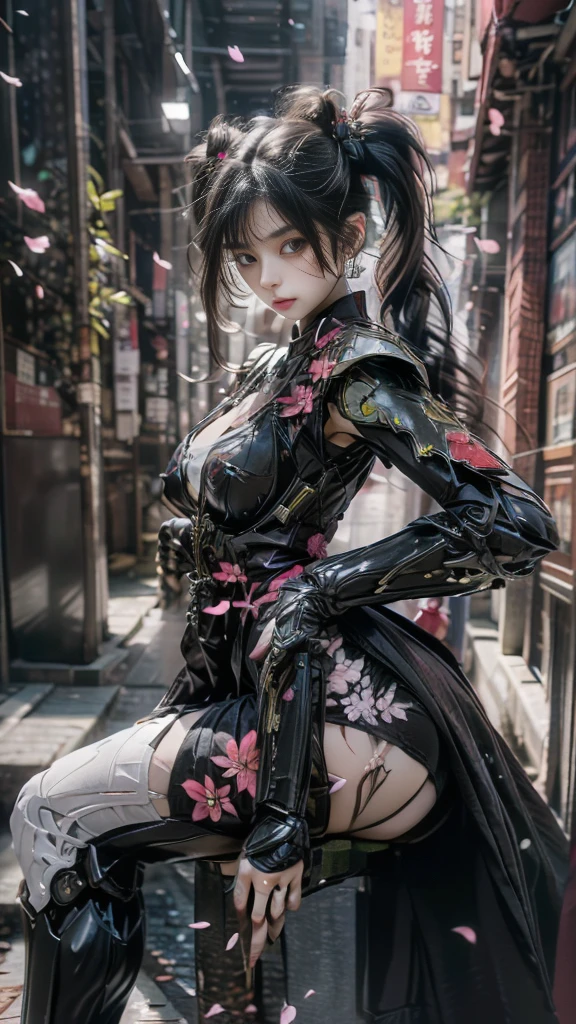  Sexy female character wearing armor as a warrior from the Sengoku period 、((twintails, spiral curls hair))、((onyx black hair))、((toned body))、(glistening skin)、 toned body、((mega breasts 1.8))、 plump breasts 、 plump thighs 、 The purple armor with a lily pattern engraved on it is a bikini type and is designed to emphasize chest exposure、(  wear a cloak with a lily flower pattern )、bustle skirt、 purple shin guard with lily flowers engraved on it 、White high-leg underwear 、White tights、 absolute domain、seductive pose、Noble and elegant atmosphere、 The background is a battlefield with lilies in full bloom 、(( lots of lily petals scattered on the screen ))、 Super high resolution and realistic touch 、 shiny armor and fabric texture 、A dynamic pose is depicted in detail、