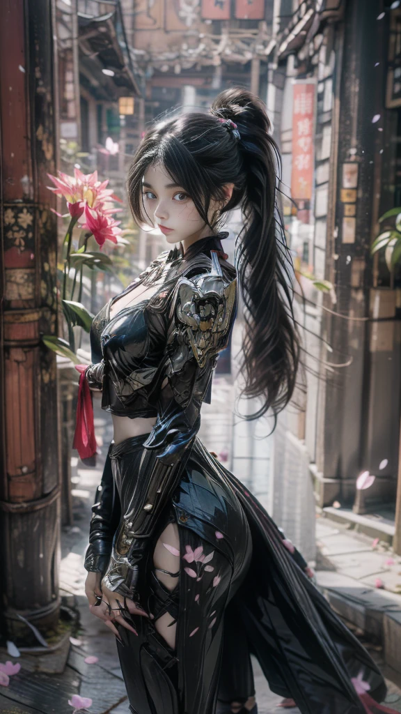  Sexy female character wearing armor as a warrior from the Sengoku period 、((twintails, spiral curls hair))、((onyx black hair))、((toned body))、(glistening skin)、 toned body、((mega breasts 1.8))、 plump breasts 、 plump thighs 、 The purple armor with a lily pattern engraved on it is a bikini type and is designed to emphasize chest exposure、(  wear a cloak with a lily flower pattern )、bustle skirt、 purple shin guard with lily flowers engraved on it 、White high-leg underwear 、White tights、 absolute domain、seductive pose、Noble and elegant atmosphere、 The background is a battlefield with lilies in full bloom 、(( lots of lily petals scattered on the screen ))、 Super high resolution and realistic touch 、 shiny armor and fabric texture 、A dynamic pose is depicted in detail、