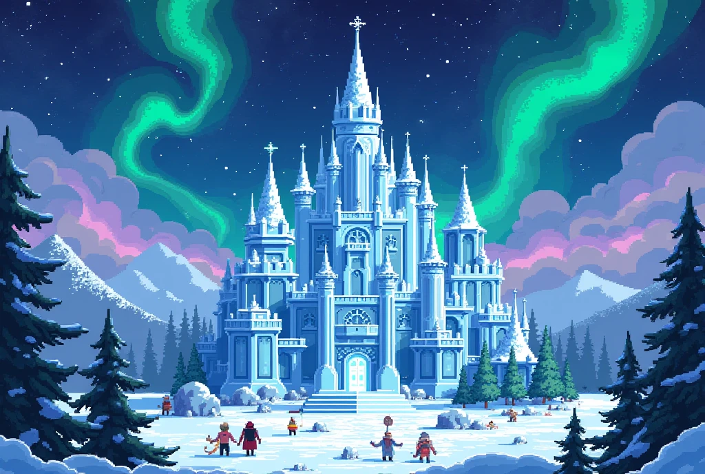 In the center of the image, create a stunning pixel art scene featuring a grand, enchanted castle made entirely of shimmering ice. (The castle should be colossal, with a towering central spire that pierces the icy sky, surrounded by a series of intricate frosty turrets and delicate ice-carved balconies.) The background should depict a serene, star-lit night sky with a glistening aurora borealis dancing across it, casting vibrant hues of green, purple, and blue over the landscape. Within the Ice Kingdom, (add small details such as snowflakes gently falling down, and icicles hanging from every ledge and rooftop.) Surrounding the castle, include lush, snowy pine trees with branches covered in a heavy layer of frost. (The foreground should be bustling with activity from tiny, pixelated inhabitants of the kingdom, such as sprites and snow creatures, in the midst of their daily lives.)