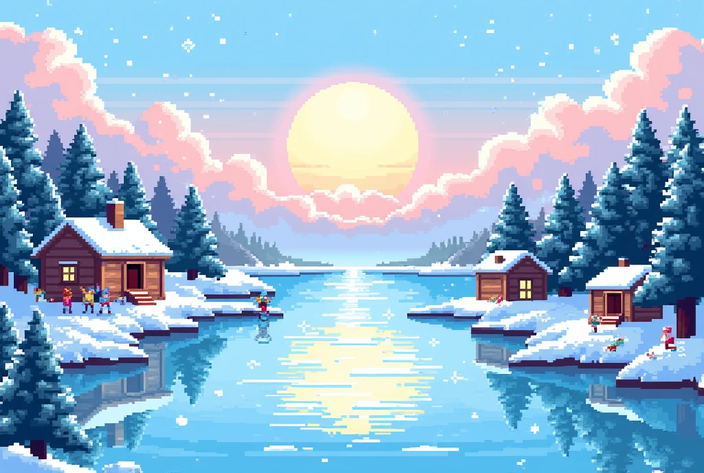 Design a captivating pixel art landscape featuring an expansive, crystal-clear frozen lake at the heart of the Ice Kingdom. (The lake should reflect the breathtaking surroundings with mirror-like precision, showcasing pixel-perfect details of the ice-crusted trees on its banks.) Layer the scene with gentle snowflakes falling onto the lake's solid surface, creating a patterned design of frosty lace. (In the sky above, depict a glorious, pixelated sunrise with delicate pastels of pink, orange, and yellow casting soft reflections on the icy terrain.) The landscape should be dotted with small, wooden cabins using warm, inviting pixels, their chimneys puffing out tendrils of pixelated smoke. Along the shore, include tiny, animated villagers in winter attire engaged in ice skating and fishing activities, their pixelated figures full of life and movement.