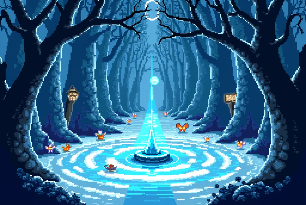 Illustrate an intricate and captivating pixel art scene of an Ice Kingdom’s frozen forest maze. (The maze should be composed of towering ice walls with intricate carvings of mythical creatures and ancient runes etched upon them.) Each pathway of the maze is lined with frost-coated trees, branches intertwined high above to form a canopy that glistens with hanging icicles. Include shafts of pale moonlight filtering through the open spaces, reflecting on the slick icy floors. (Inhabit the maze with tiny pixelated creatures—like fairies and spirits—that cast a soft glow, lighting up the dark corners of this frosty labyrinth.) At the heart of the maze, create a small, enchanted clearing with a sparkling, pixel-detailed ice fountain at its center, its frozen waters caught mid-splash in a beautiful display.