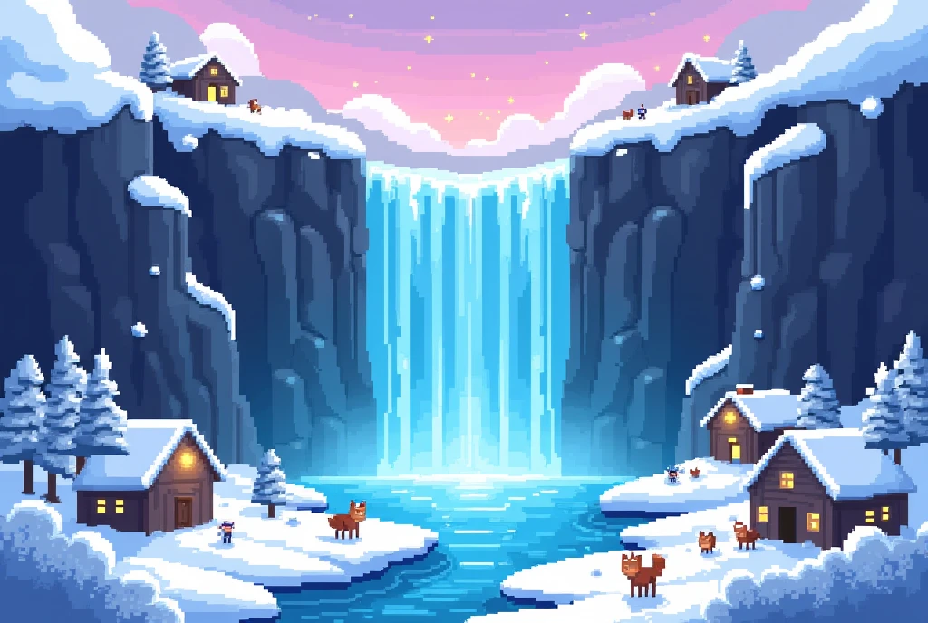 Craft a mesmerizing pixel art scene centered around a grand frozen waterfall within the Ice Kingdom. (The waterfall should be captured mid-plunge, its icy flow frozen in time, suspended in cascading waves of crystal-clear ice.) Surrounding it, high cliffs covered in snow tower above, and the edges glow with the soft pink and blue hues of an arctic twilight sky. Include pixel-perfect details of tiny ice caves embedded in the cliffs, suggesting hidden chambers. (Position small pixelated figures, such as snow foxes and other winter creatures, at the base, partially hidden by snowdrifts as they roam across a landscape blanketed in snow.) Tiny cabins with soft, glowing windows sit perched on the cliffs, emitting a warm pixelated glow against the cold backdrop.