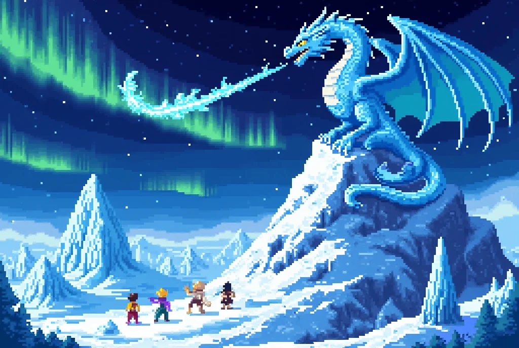 Create an epic pixel art narrative set in an Ice Kingdom ruled by a majestic Ice Dragon. (The dragon, composed of icy scales and frost-tipped wings that sparkle in a cold starlight, should be posed atop a mountain peak, exhaling a stream of frost that cascades towards the kingdom below.) Its eyes should be bright, pixelated sapphires that gaze fiercely over the realm. (The kingdom below should include crystal towers and ice-bound structures that reflect a radiant blue hue.) Above, the night sky should be vibrant with pixelated northern lights swirling in greens and purples. Create an atmosphere of magical anticipation with tiny inhabitants, some gazing up in awe and others going about their lives with a pixelated sense of determination and purpose amid this awe-inspiring, cold realm.