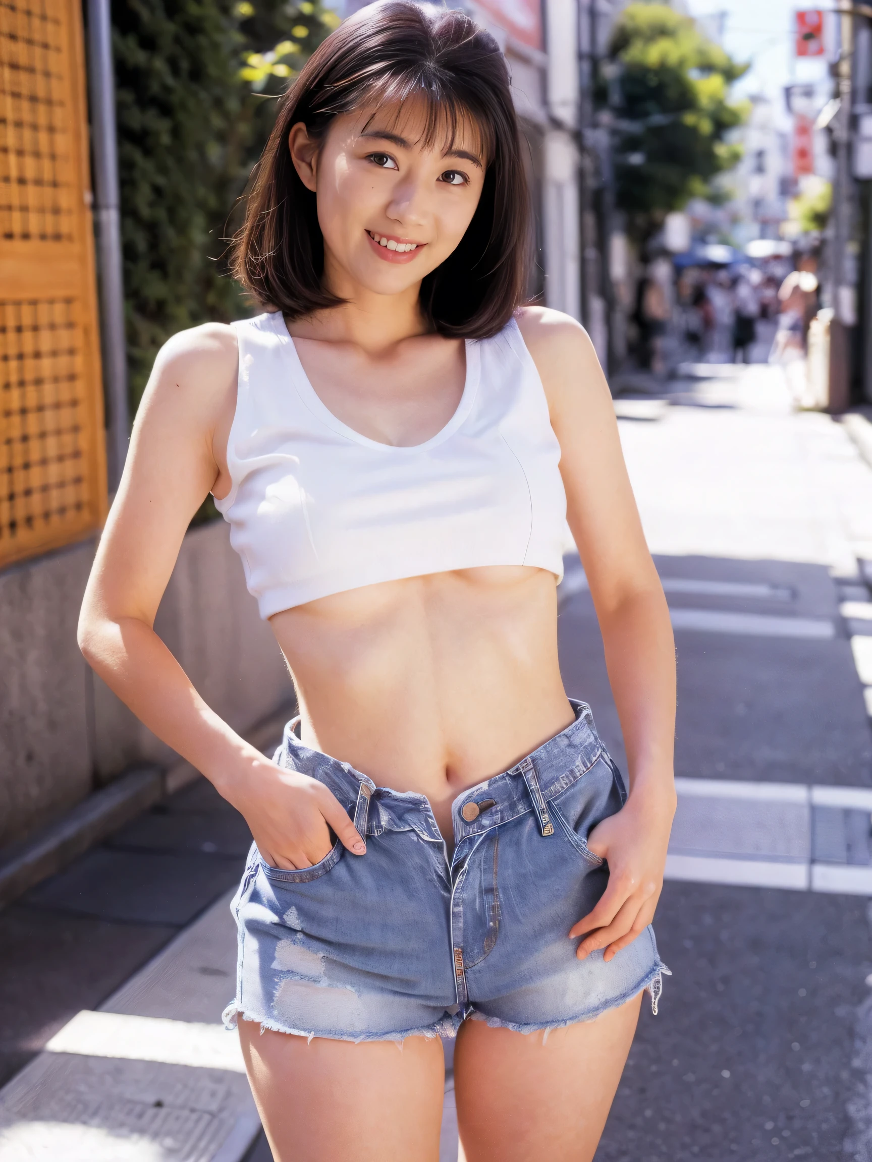 Very detailed CG Unity 8k Wallpaper, Best Quality, Very detailed, masterpiece, Realistic, photo Realistic, Very detailedかわいい女の子,(underboob tanktop_denim shorts:1.2), Red cheeks, View your audience , upper body ,smile, (On a street corner in Tokyo) ,Standing in honor