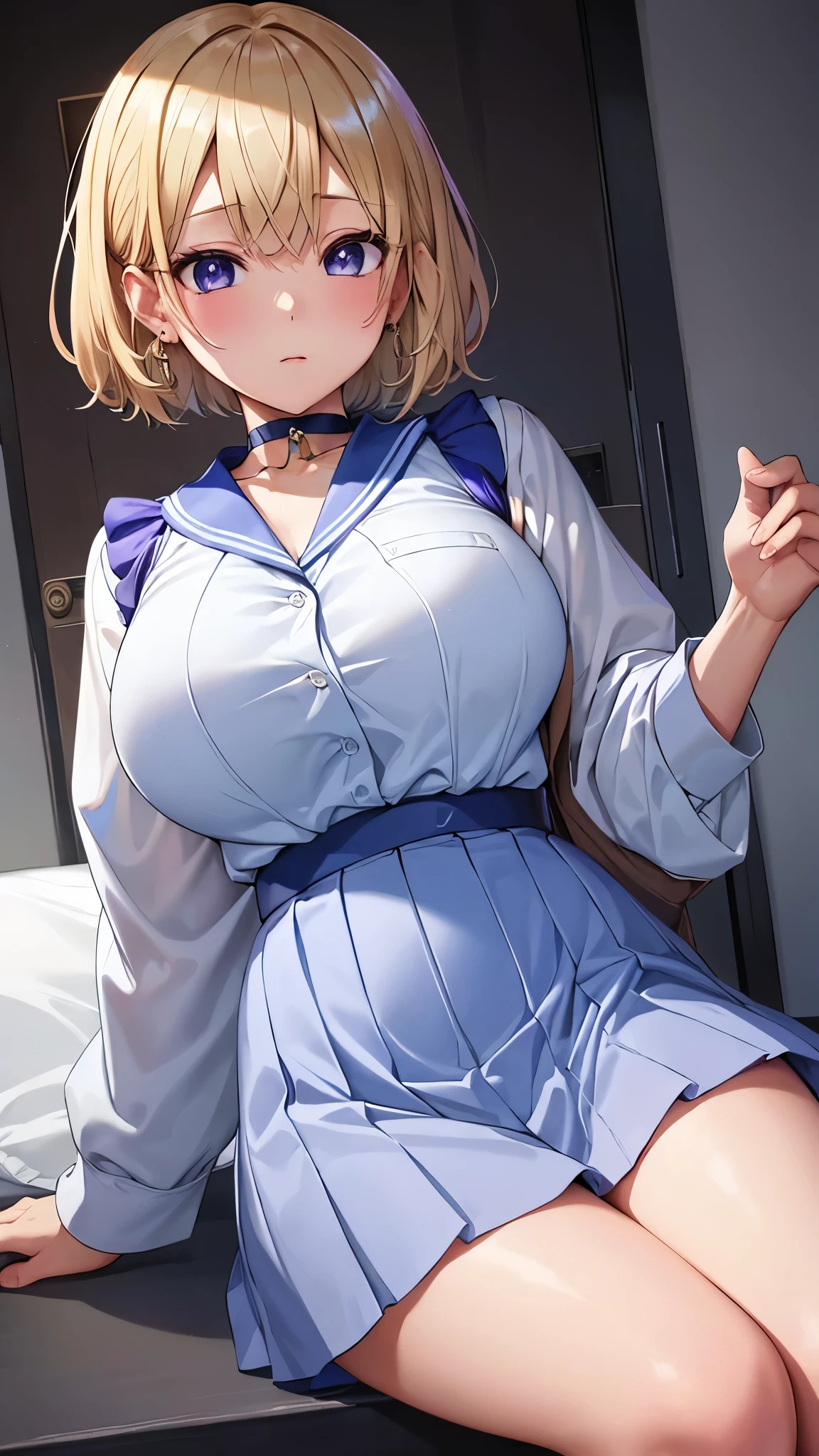 Umino Yuki 、 masterpiece ,  best quality、  best quality,(8k resolution),Beauty、(  looks like an adult), （  Sexy Perfect Style  ）、( Big Breasts )、  blonde bob cut、(White and blue sailor suit)、(  blue skirt)、(( Bring your chest closer ))、  purple eyes、 purple earrings 、 purple choker 