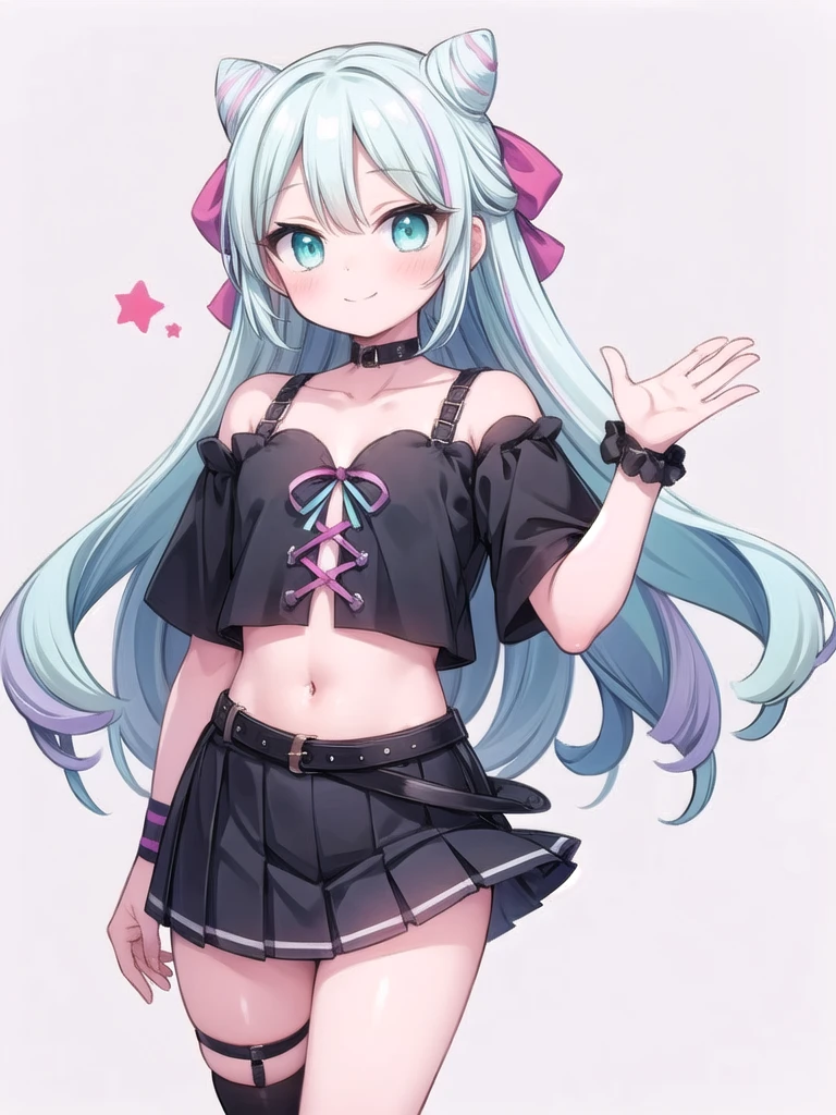 solo, masterpiece, best quality, perfect hands, long hair, cyan hair, cyan eyes, smile, blush, closed mouth, rosado, otoko no ko, cone hair buns, hair bow, black crop top, wristband, black skirt, single thighhigh, high heels, bare shoulders, collarbone, off shoulder, navel, midriff, miniskirt, pleated skirt, single sock, multicolored hair, asymmetrical legwear, belt, black choker, short sleeves, cowboy shot, thigh strap, leg belt, flat chest, (shiny skin, oiled skin, glistening skin:1.2), high contrast, perfect lighting