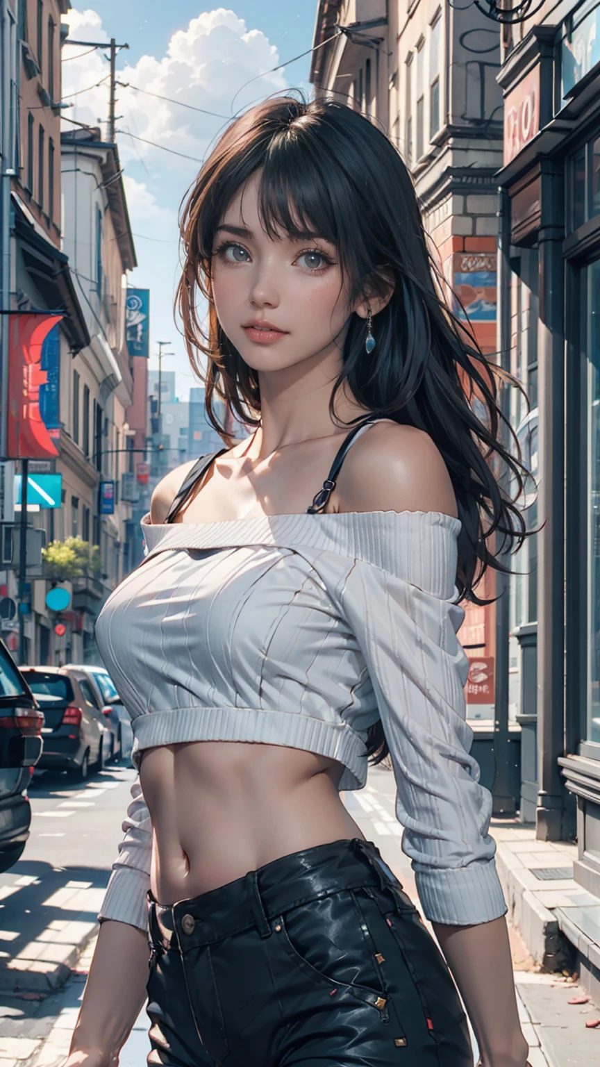  1 girl , cute, young,  skinny, (3N1DS1NCL41R:0.9),  realistic pictures,  Extreme Details, Street Photography, { best quality}, {{  Masterpiece }}, { high definition }、  Off Shoulder Tops(Midriff length )、blue sky、cloud、rainbow、 cowboy shot 