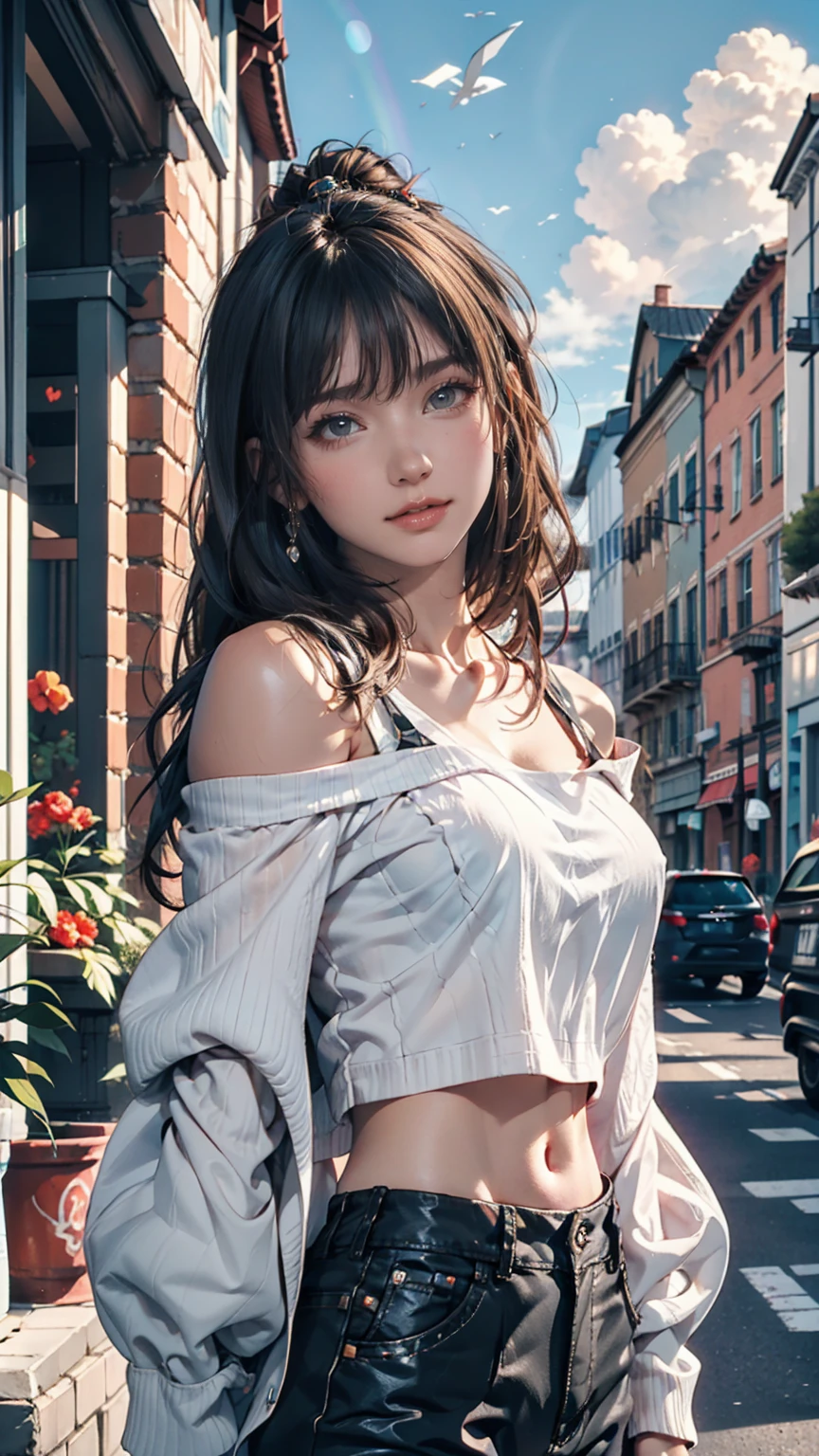  1 girl , cute, young,  skinny, (3N1DS1NCL41R:0.9),  realistic pictures,  Extreme Details, Street Photography, { best quality}, {{  Masterpiece }}, { high definition }、  Off Shoulder Tops(Midriff length )、blue sky、cloud、rainbow、 cowboy shot 