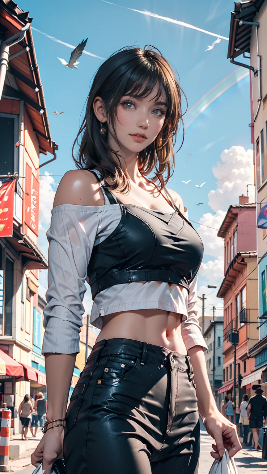  1 girl , cute, young,  skinny, (3N1DS1NCL41R:0.9),  realistic pictures,  Extreme Details, Street Photography, { best quality}, {{  Masterpiece }}, { high definition }、  Off Shoulder Tops(Midriff length )、blue sky、cloud、rainbow、 cowboy shot 