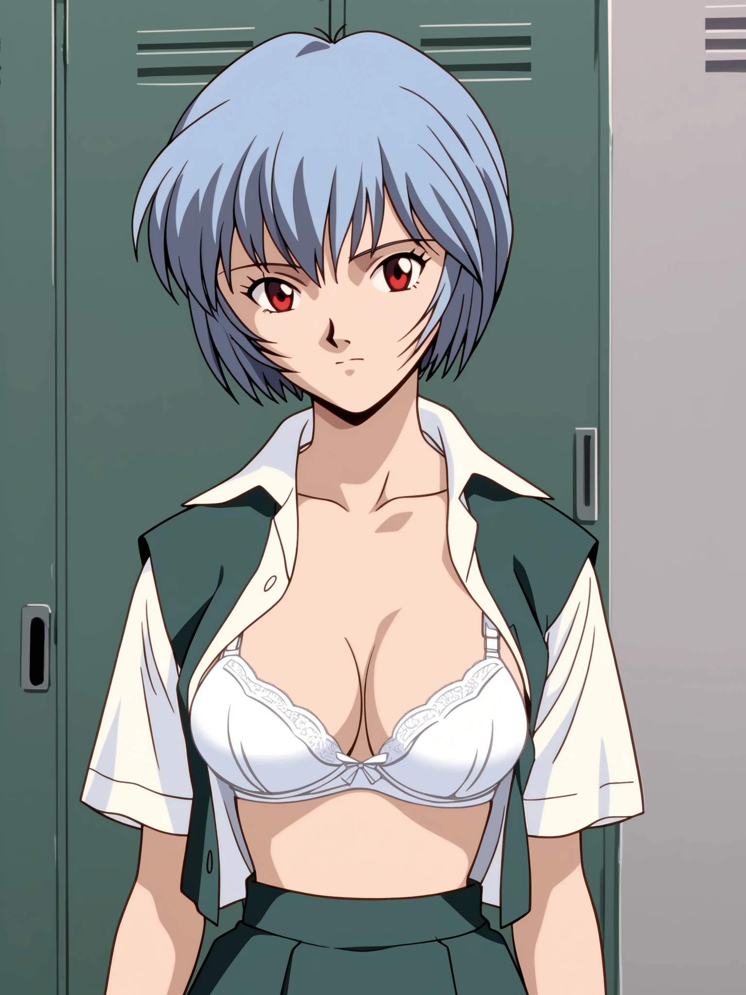  score_9,  score_8_up,  score_7_up,  source_anime, Layer Nami, Rei Ayanami, Ayanami Rei,  blue hair , short hair,  red eyes, skirt, shirt, school uniform, white shirt, short sleeves, tokyo-3 middle school uniform, (((open shirt, white bra))), locker room,  standing,  viewer, Alone, (((face focus, face close up, throw, portrait,  slouching forward))),