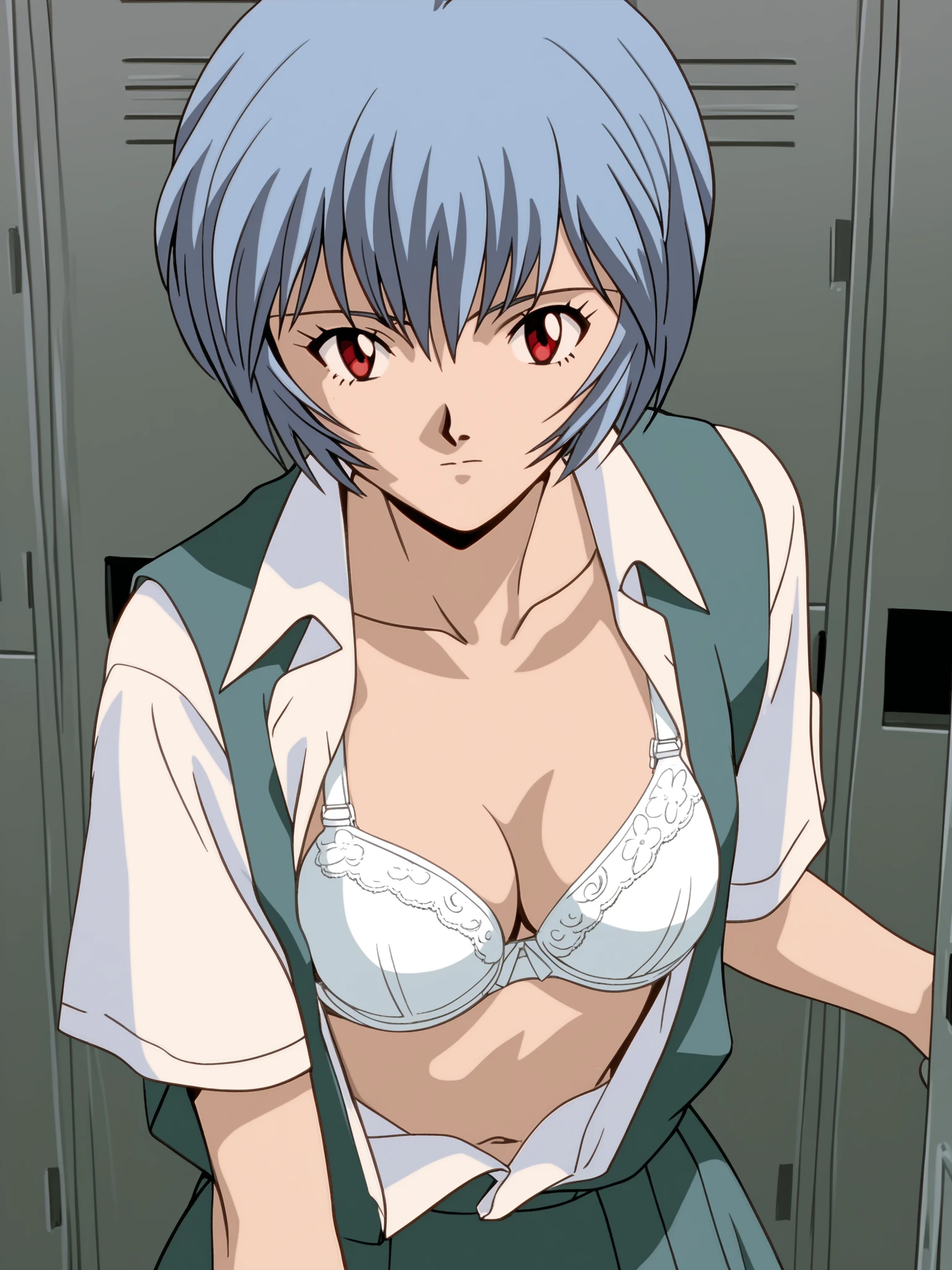  score_9,  score_8_up,  score_7_up,  source_anime, Layer Nami, Rei Ayanami, Ayanami Rei,  blue hair , short hair,  red eyes, skirt, shirt, school uniform, white shirt, short sleeves, tokyo-3 middle school uniform, (((open shirt, white bra))), locker room,  standing,  viewer, Alone, (((face focus, face close up, throw, portrait,  slouching forward))),