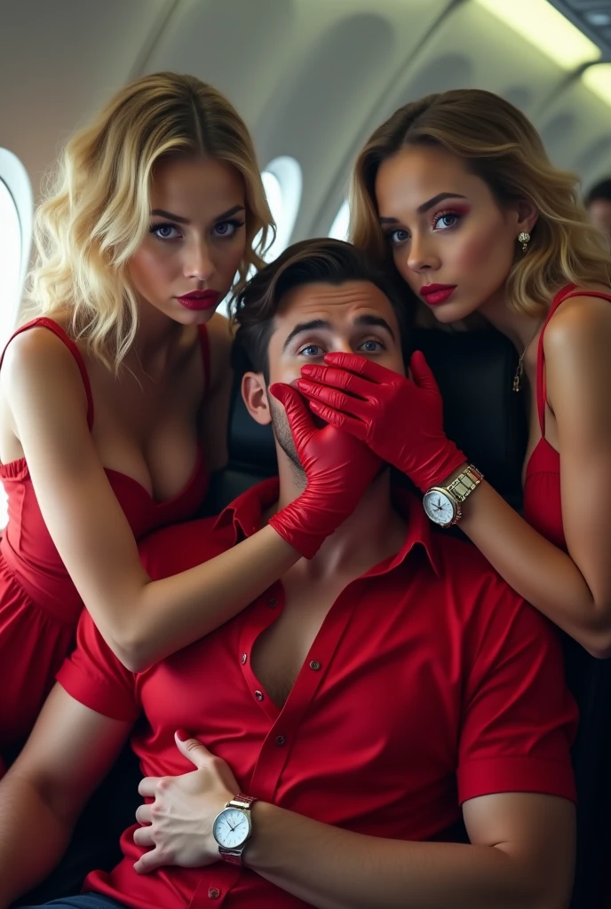 Une jeune femme de 25 ans,  italienne aux cheveux mi-longs rouges et lisses, est assise dans un siège d'avion.  On peut voir que Ses poignets sont entravés par des menottes, et dans un maillon des menottes il y a une chaîne Une qui va jusqu'au pied du siege. Une écharpe en soie rouge lui couvre juste la bouche , ajoutant une touche inquiétante à la scène. Dans son regard on peut voir la soumission qu elle a envers l homme a 21 ans il est italien qui est debout a côté d elle . Il a les cheveux noir longs et en queue de cheval avec une chemise noir en soie musclée et un pantalon noir . Sur son visage on pouvait la douceur et la satisfaction. 