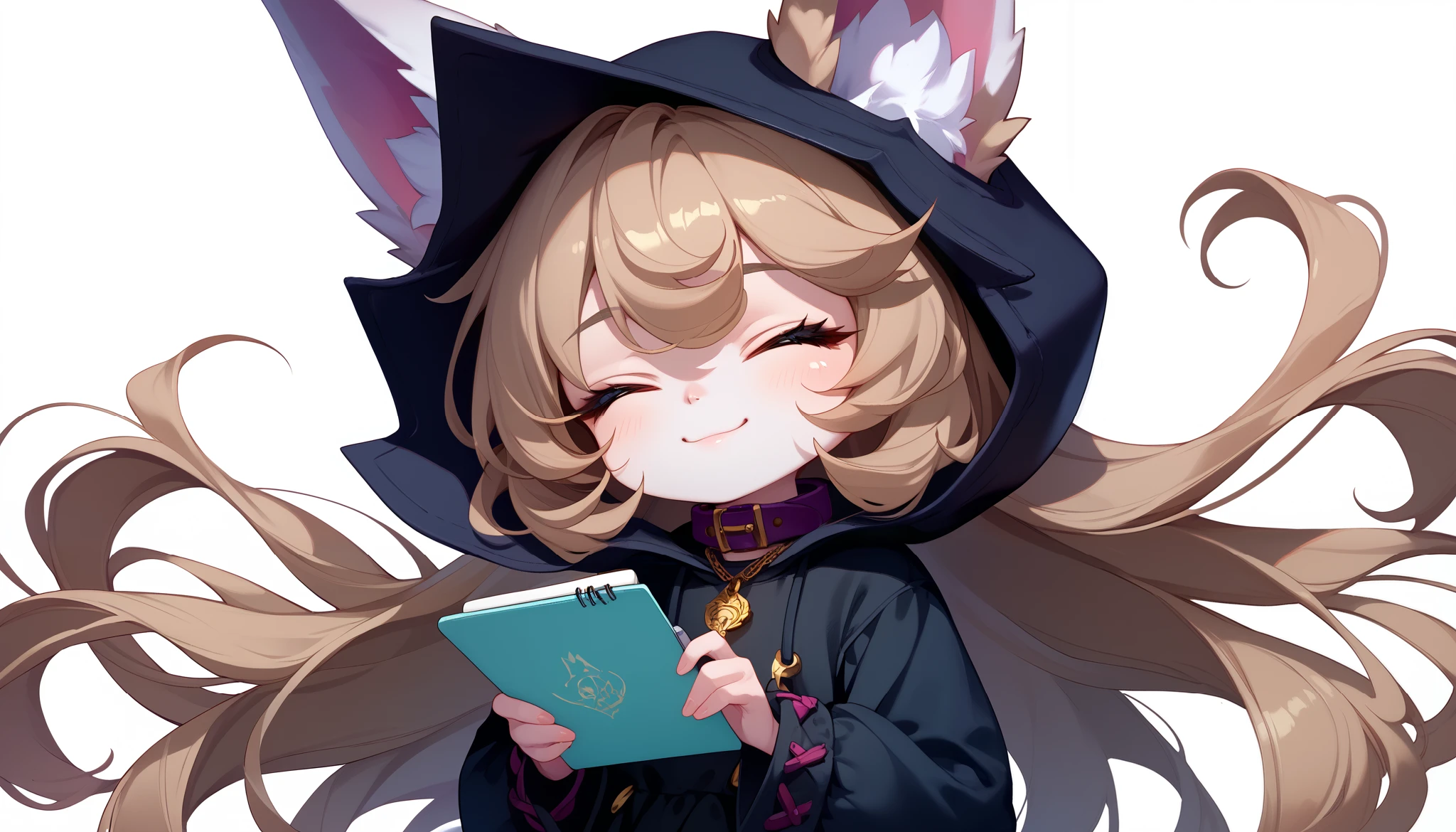 (masterpiece:1.3), (best quality:1.3), (very detailed), (anime style:0.1), game cg, anime coloring,((simple white background)),VexLoLXL,big eyes,yordle,shortstack,red eyes,((light brown hair,bangs,long hair)),shiny_skin,white_skin,white skin,black hood,hood up,ears through headwear,white animal ears,black shirt,purple collar,gold pendant top,long sleeves,black dress,long dress,bare hands,((solo)), 1girl,((cowboy shot)), ((Hold notebook)), closed eyes, smile, happiness, joy, excited, relieved, positive balance, hands,