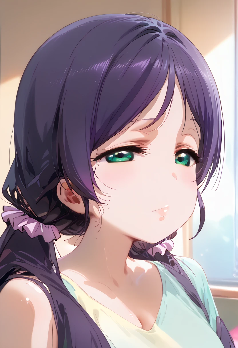 (( best quality))), (  Details), 8k, nozomi toujou, green eyes, purple hair, twintails, low twintails, scrunchie, long hair,