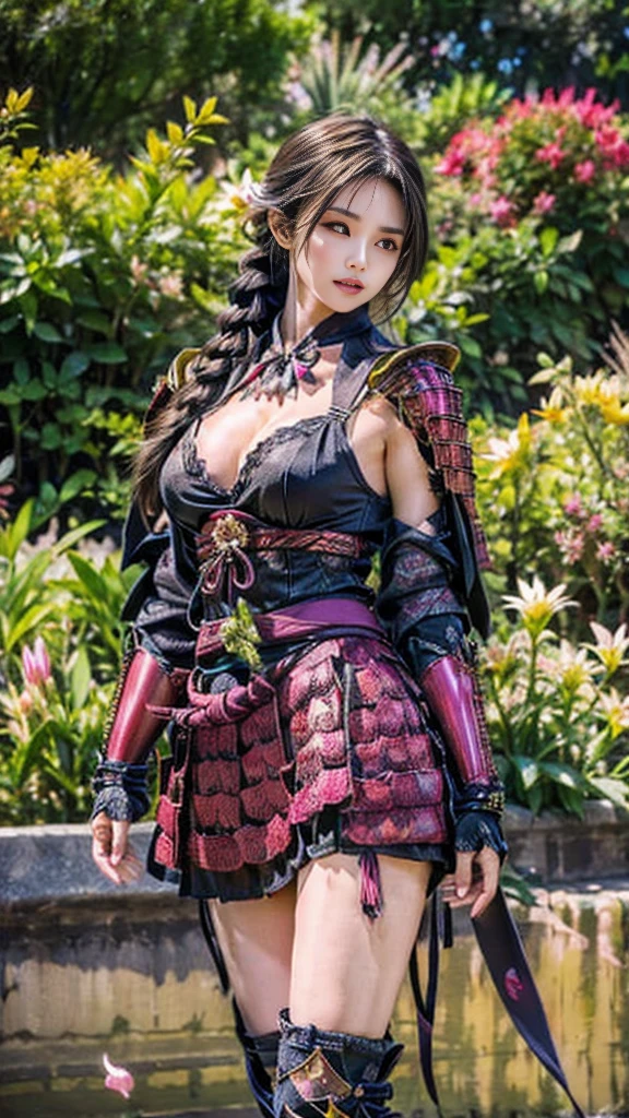  Sexy female character wearing armor as a warrior from the Sengoku period 、((french braid hair))、((onyx black hair))、((toned body))、(glistening skin)、 toned body、((mega breasts 1.8))、 plump breasts 、 plump thighs 、The white armor with a lily pattern engraved on it is bikini type and is designed to accentuate chest exposure、(  wear a cloak with a lily flower pattern )、bustle skirt、 purple shin guard with lily flowers engraved on it 、White high-leg underwear 、White tights、 absolute domain、seductive pose、Noble and elegant atmosphere、 The background is a battlefield with lilies in full bloom 、(( lots of lily petals scattered on the screen ))、 Super high resolution and realistic touch 、 shiny armor and fabric texture 、A dynamic pose is depicted in detail、