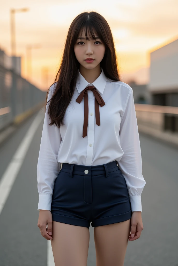 top quality 8k, high resolution, professional photographic, ultra detailed, 15mm film, portrait, (19 year old, beautiful Japanese female, REIKA standing legs parted:1.3), beautiful long hair elegant hair blunt bangs:1.4, beautiful nape, (big hip best proportion:1.5), arms behind back, (white-shirt, brown ribbon tie:1.4),  (detailed dark-blue short-skirts:1.4), (too huge tits chewing tits hanging down:1.9), (close up thick thigh smooth thigh radiant thigh focus), ((too very blushing)), (ultra detailed sunset:1.5), (good depth field, in tornado stormy:1.5) 