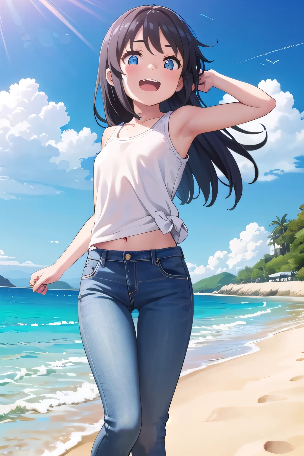 masterpiece,best quality,ultra detail,1girl, 14yo,petite,Laugh happily,background((under the beach, day, sunshine, under sand beach, bright sky)), Miyamizu Mitsuha,Raise your arms and bring them behind your head,White teeth, White tank Tops, half undressed, jeans, blue pants, (flares jeans 1:1), blue jeans, standing sexual pose, (legs spread:3:1), orgasm,