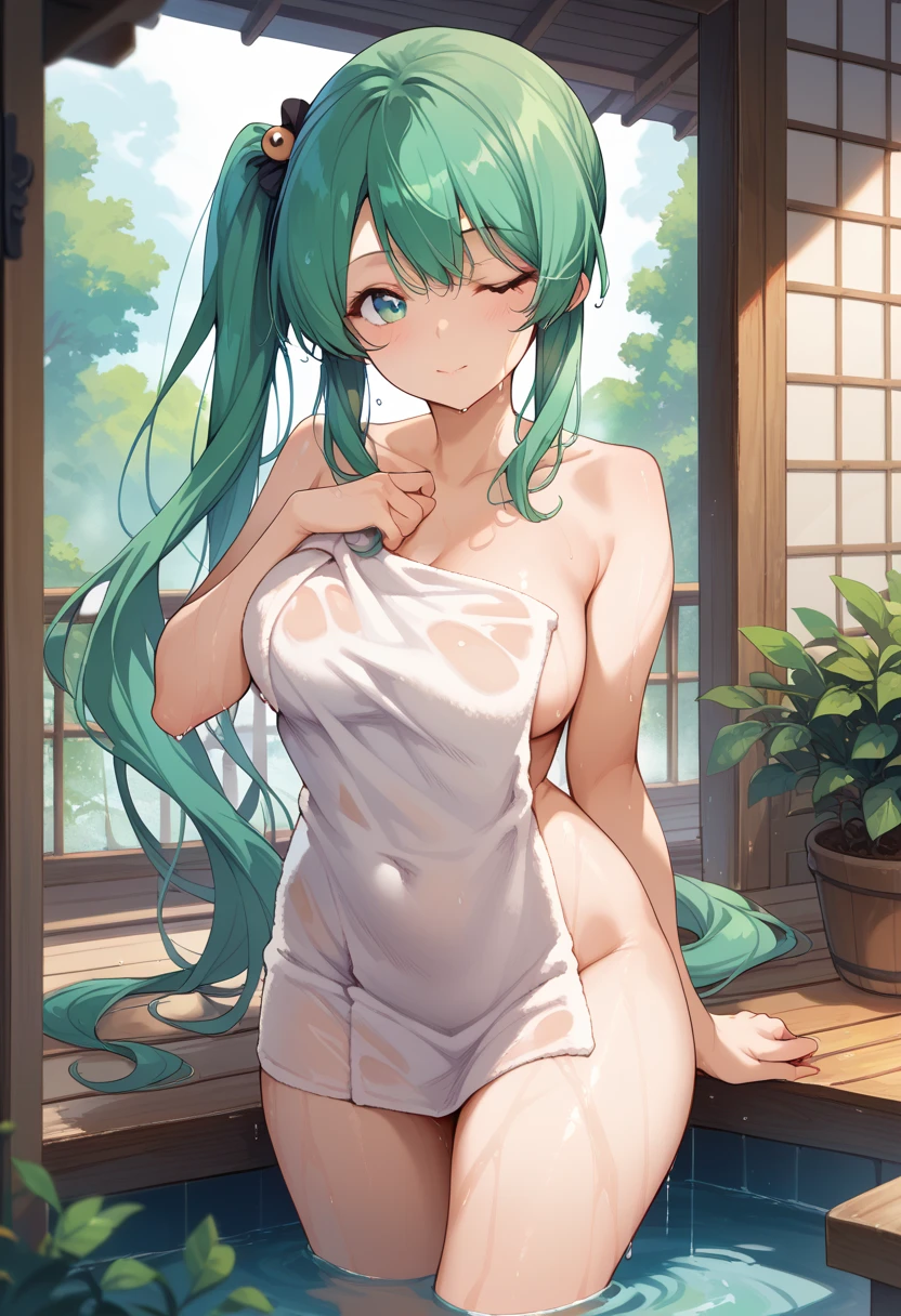 masterpiece, high definition , best quality,8k
(Kagura Suzu, green hair,side ponytail)
(Naked with a towel, wet)