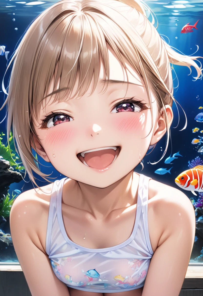  Sex Friend,   from the front lift your head,  naughty smile 、very cute japanese girl、 female  、(((Small{wearing a small}, thin, Plain Tank Top)))、Nice style、(( very small breasts at the marine aquarium))、 ponytail 、 Ultra realistic photorealistic image quality、((Excited and happy expression 、 face close-up ))、(( only panties on the lower body ))， cowboy shot ， shows through nipples，