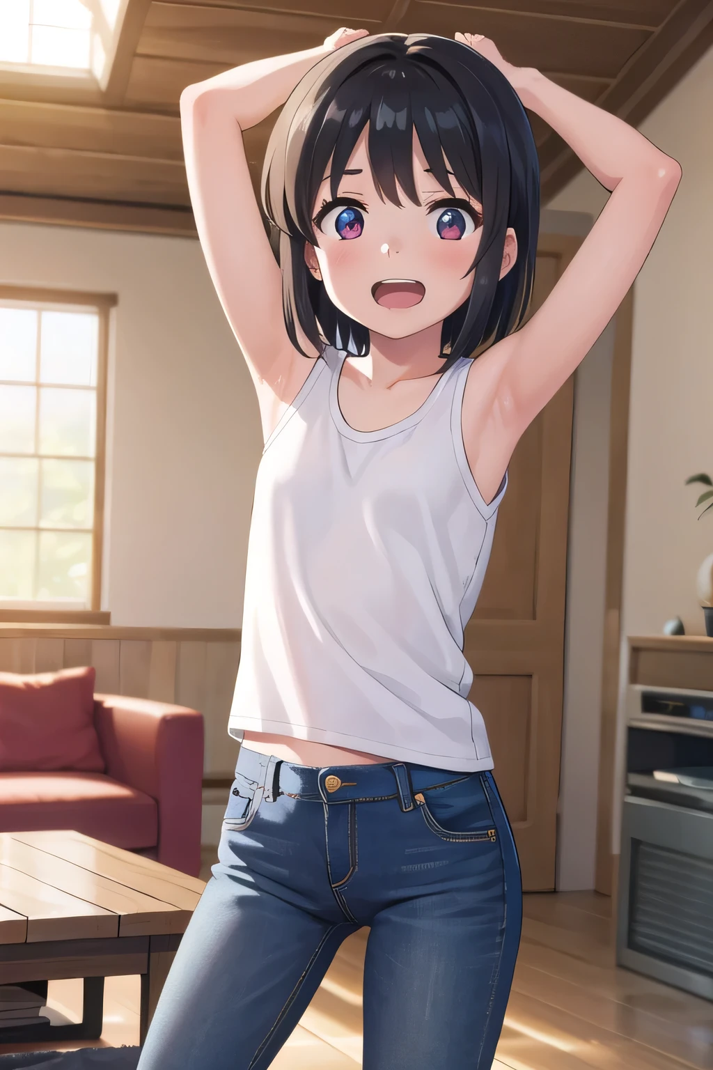 masterpiece,best quality,ultra detail,1girl, 14yo,petite,Laugh happily,background((indoor, living room, on the table)), Miyamizu Mitsuha,Raise your arms and bring them behind your head,White teeth, White tank Tops, half undressed, jeans, blue pants, (flares jeans 1:1), blue jeans, standing sexual pose, orgasm,