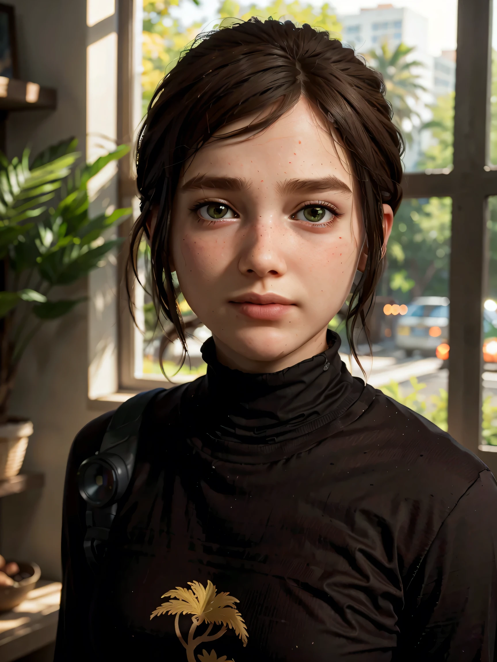 A stunning and intricate full color Ultra-HD portrait, a girl, short brown hair, green eyes, detailed face, turtleneck dress or brown t-shirt, with 2 pale yellow palm tree logo, in a room with a window. no plants, epic character composition, alessio albi, nina masic, sharp focus, natural lighting. , subsurface dispersion, f2, 35mm,