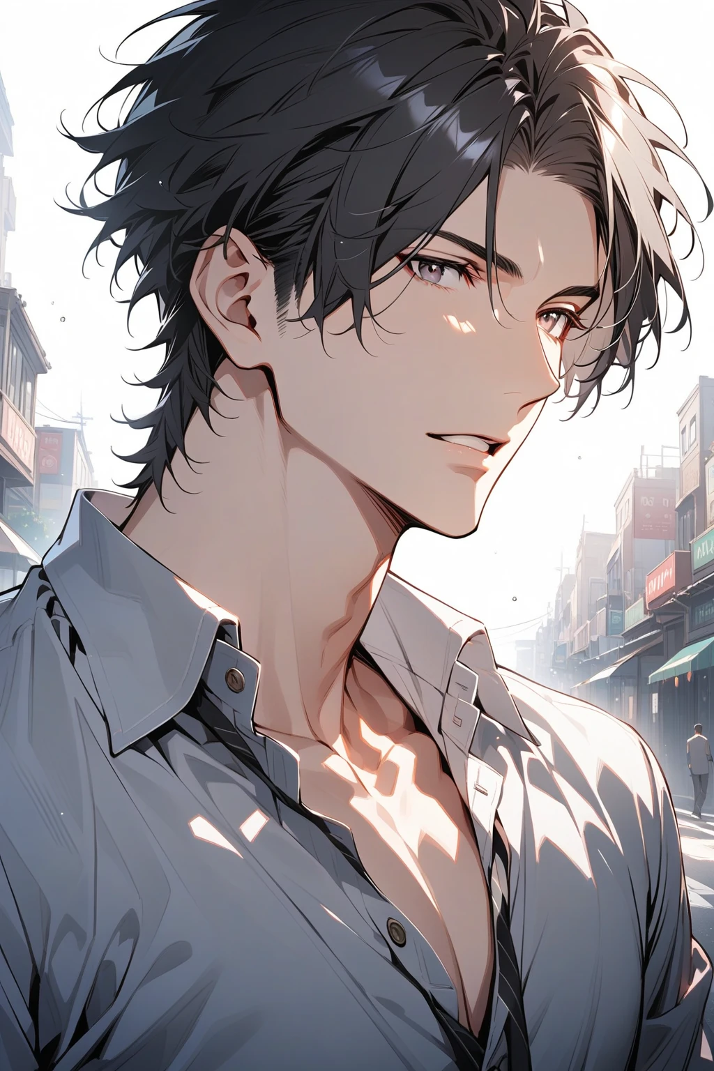 Man, handsome, short black hair, dark eyes, shirt