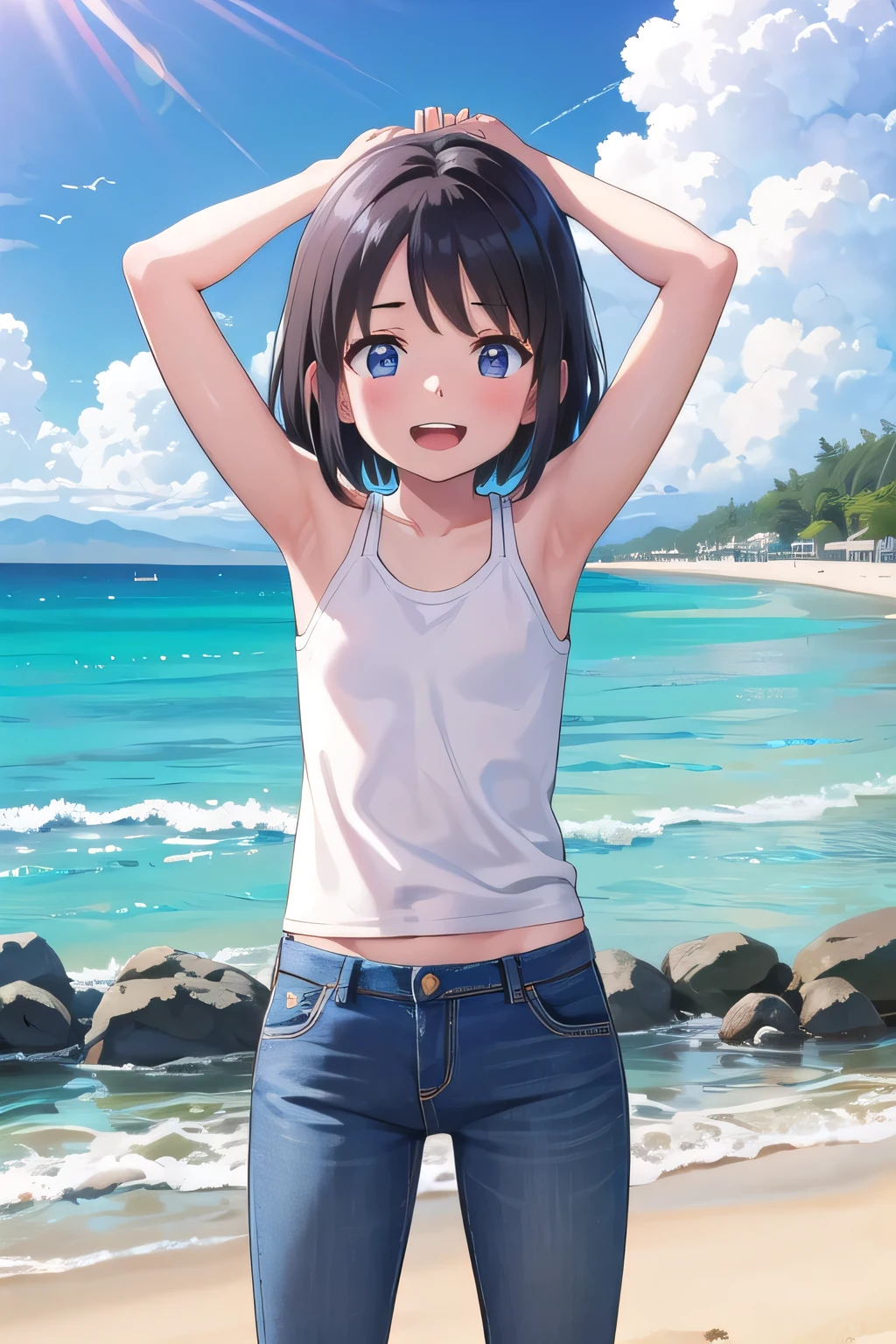 masterpiece,best quality,ultra detail,1girl, yo,pee,Laugh happily,background((under the beach, day, sunshine, under sand beach, bright sky)), Miyamizu Mitsuha,Raise your arms and bring them behind your head,White teeth, White tank Tops, half undressed, jeans, blue pants, (flares jeans 1:1), blue jeans, standing sexual pose, (legs spread:3:1), orgasm,