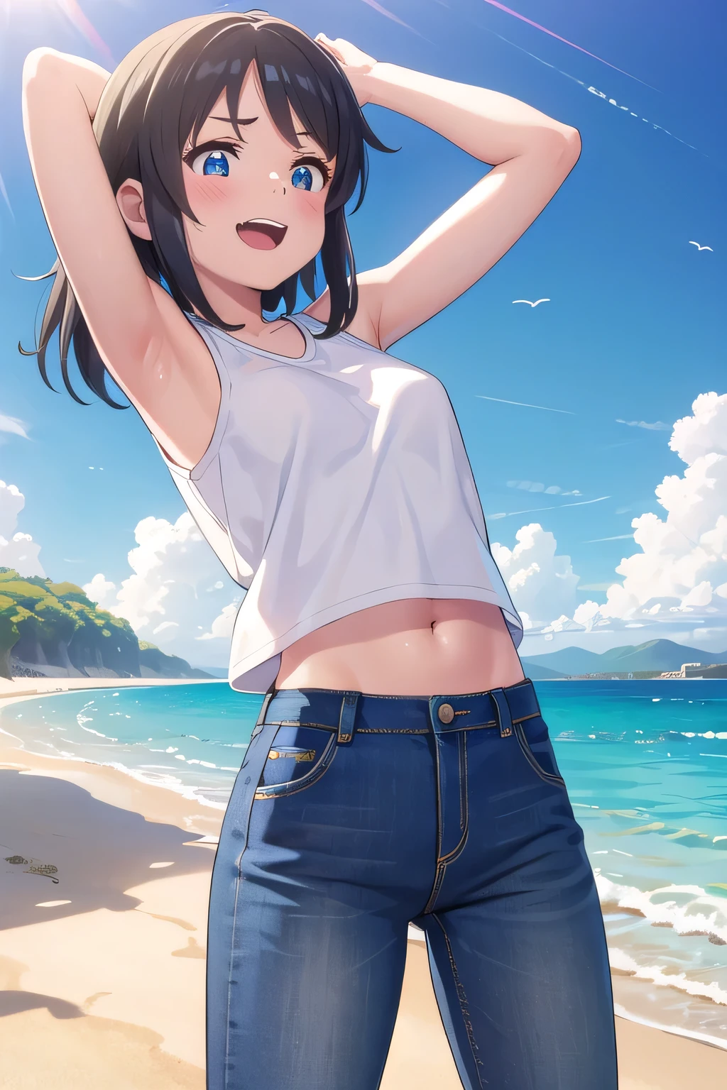 masterpiece,best quality,ultra detail,1girl, 14yo,petite,Laugh happily,background((under the beach, day, sunshine, under sand beach, bright sky)), Miyamizu Mitsuha,Raise your arms and bring them behind your head,White teeth, White tank Tops, half undressed, jeans, blue pants, (flares jeans 1:1), blue jeans, standing sexual pose, (legs spread:3:1), orgasm,