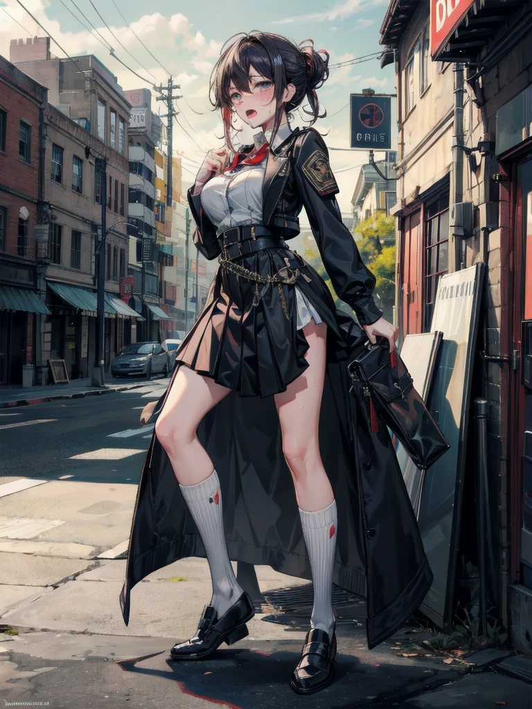 masterpiece, best quality, def97, hair ribbon, white shirt, fingerless gloves, black jacket, underbust, pleated skirt, white thighhighs, boots, smile, looking at viewer, sitting on ground, from side, city, storefronts <lora:type97-nvwls-v1-000010:0.9>