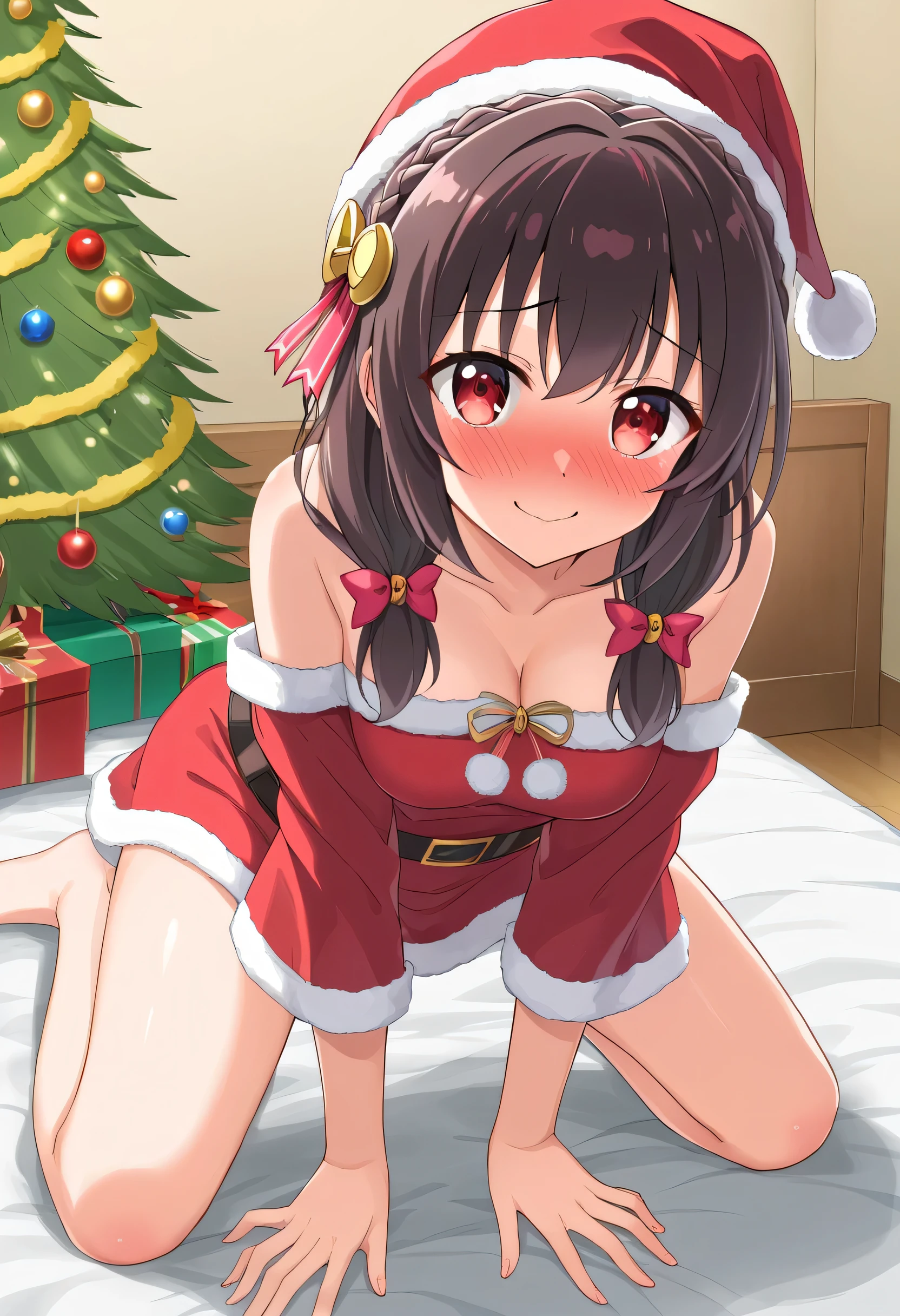 ((Brown hair)),((Braided shorthair)),((Brown eyes)),((With bangs)),(Inside the store at night with beautiful illuminations),(A room lit by a fireplace or candlelight),((Christmas tree)),((Nude body wrapped in ribbons all over the body)),(Bare ribbon),((Body Wrapping)),((Hug me to hide your chest)),(white fluffy underwear),Smile,Slight red tide,(Kamimei),((Perspective from below)),(Buttocks close-up),NSFW