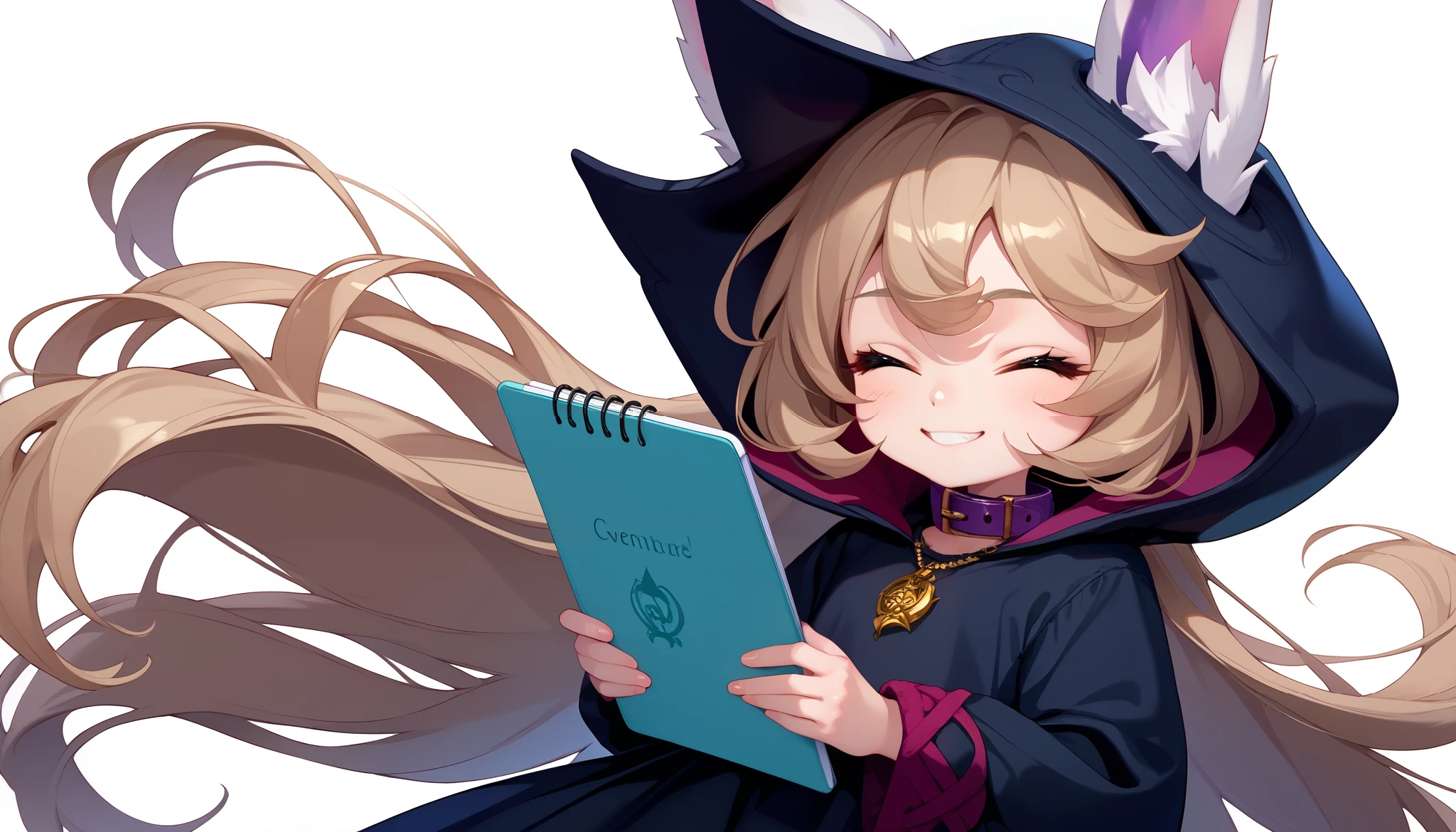 (masterpiece:1.3), (best quality:1.3), (very detailed), (anime style:0.1), game cg, anime coloring,((simple white background)),VexLoLXL,big eyes,yordle,shortstack,red eyes,((light brown hair,bangs,long hair)),shiny_skin,white_skin,white skin,black hood,hood up,ears through headwear,white animal ears,black shirt,purple collar,gold pendant top,long sleeves,black dress,long dress,bare hands,((solo)), 1girl,((cowboy shot)), ((Hold notebook)), closed eyes, smile, happiness, joy, excited, relieved, positive balance, hands,