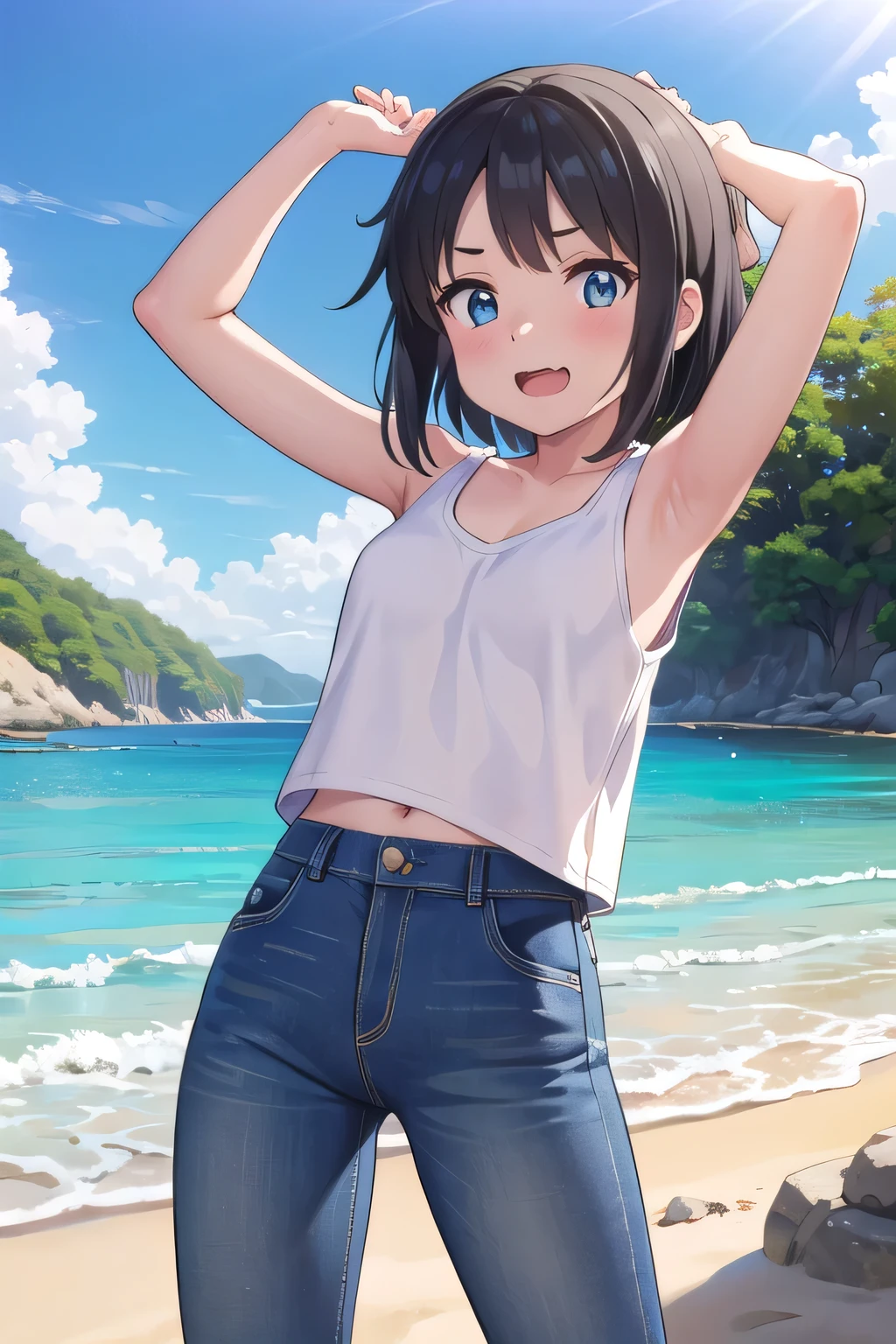 masterpiece,best quality,ultra detail,1girl, 14yo,petite,Laugh happily,background((under the beach, day, sunshine, under sand beach, bright sky)), Miyamizu Mitsuha,Raise your arms and bring them behind your head,White teeth, White tank Tops, half undressed, jeans, blue pants, (flares jeans 1:1), blue jeans, standing sexual pose, (legs spread:3:1), orgasm,