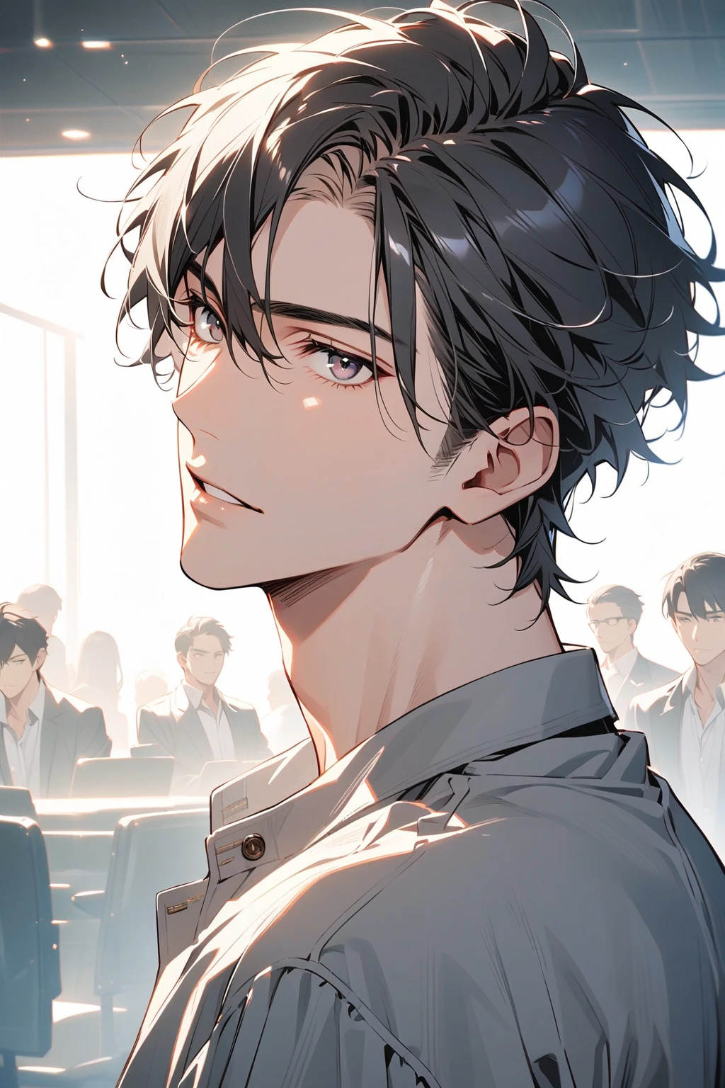 Man, handsome, short black hair, dark eyes, shirt