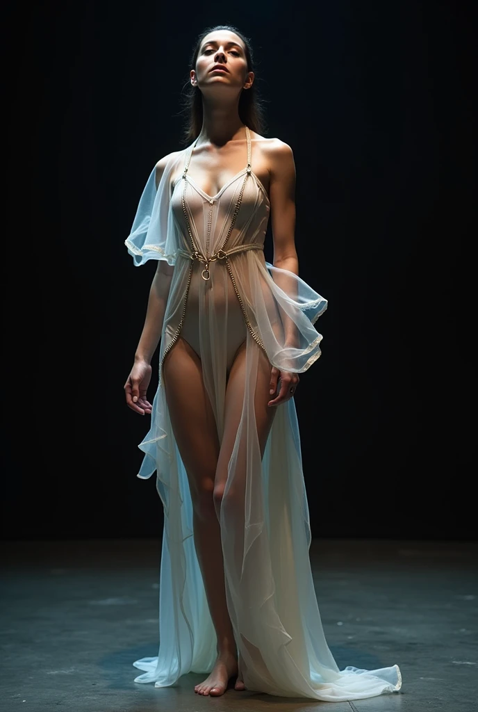 A full body of a naked Zendaya, American, 25 years old, dark brown skin, brown eyes, delicate nose, soft and delicate lips, yellow-red hair, ultra-realistic HD photorealistic highly rendered engaging smile, dressed in an Ice blue 90% see-through truly short deep cut dress.