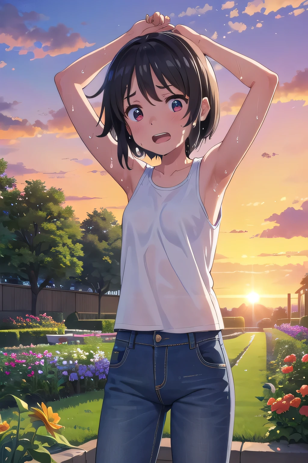 masterpiece,best quality,ultra detail,1girl, 14yo,petite,Laugh happily,background((flowers, garden, beautiful sunset)),sunshine,cloud, miyamizu mitsuha,Raise your arms and bring them behind your head,White teeth, White tank Tops, half undressed, jeans pants, (flares jeans 1:1), blue jeans, standing sexual pose, orgasm, Drenched in sweat, wet cloths, wetting self, (wet clothes:1.8), Wearing sweat, Sweaty,