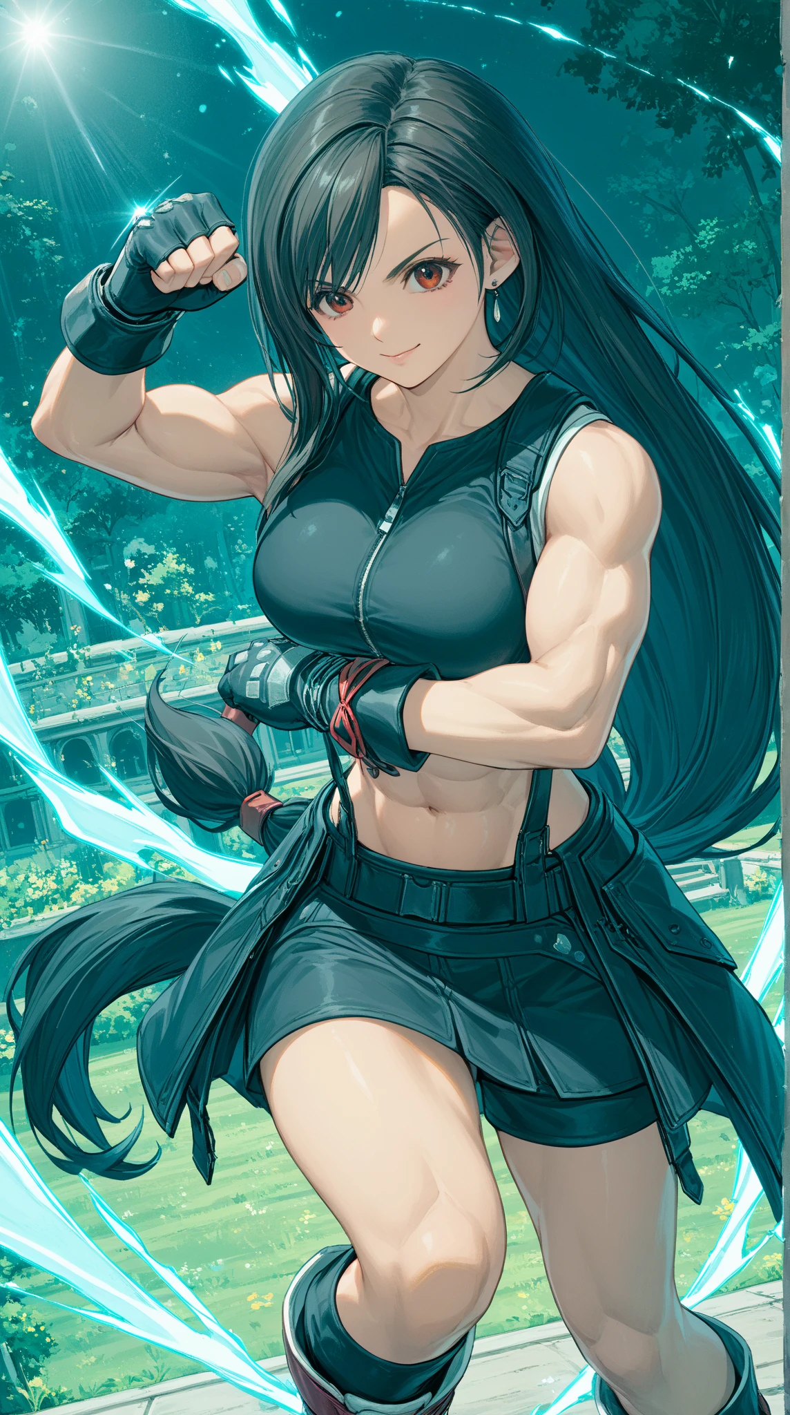 ,solo,1girl\(cute,beauty,acTif,tifa7re, brown eyes, black hair, long hair, black shirt, black tank top, zipper, black skirt, midriff, black shorts, black gloves, arm ribbon, black sneakers,fighting stance,dynamic pose, (dynamic action:1.3),(limit break:1.3),(muscularity:1.3),(athletic:1.3),(muscular:1.3),toned,(abs:0.5)\). background\(cosmic,lifestream,spirit energy, mana\),(dynamic angle:1.3). score_9, score_8_up, score_7_up, score_6_up, score_5_up, score_4_up, source_anime,source_furry,rating_safe,rating_questionable,masterpiece, best quality, perfect anatomy , very aesthetic , absurdres ,