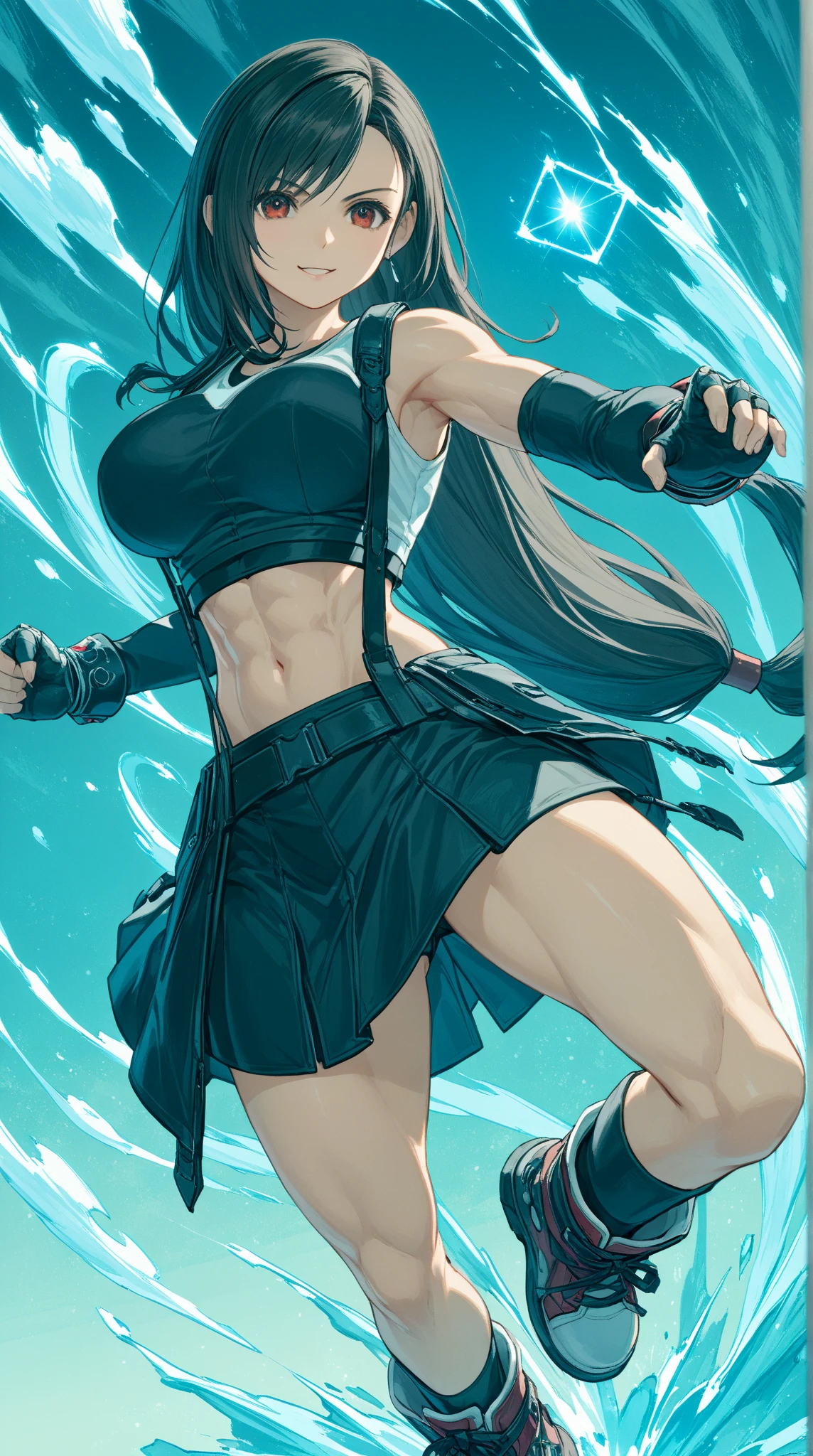 ,solo,1girl\(cute,beauty,acTif,tifa7re, brown eyes, black hair, long hair, black shirt, black tank top, zipper, black skirt, midriff, black shorts, black gloves, arm ribbon, black sneakers,fighting stance,dynamic pose, (dynamic action:1.3),(limit break:1.3),(muscularity:1.3),(athletic:1.3),(muscular:1.3),toned,(abs:0.5)\). background\(cosmic,lifestream,spirit energy, mana\),(dynamic angle:1.3). score_9, score_8_up, score_7_up, score_6_up, score_5_up, score_4_up, source_anime,source_furry,rating_safe,rating_questionable,masterpiece, best quality, perfect anatomy , very aesthetic , absurdres ,